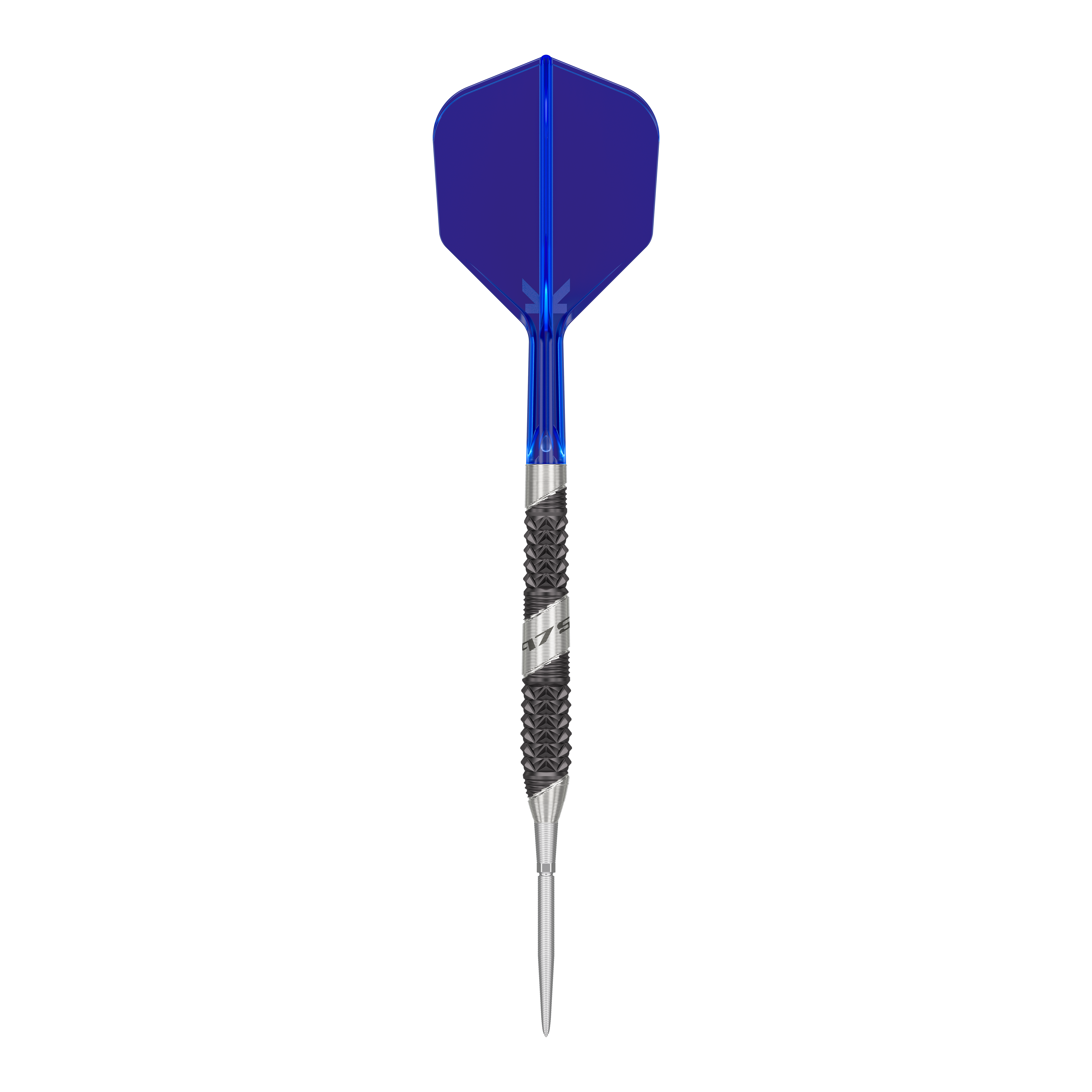 Target 975 Ultra Marine 02 Swiss Point Steel Darts Das Bild zeigt einen Pfeil mit einer blauen Flights und einer silber-schwarzen Metallspitze. Der Pfeil hat ein modernes und sportliches Design.