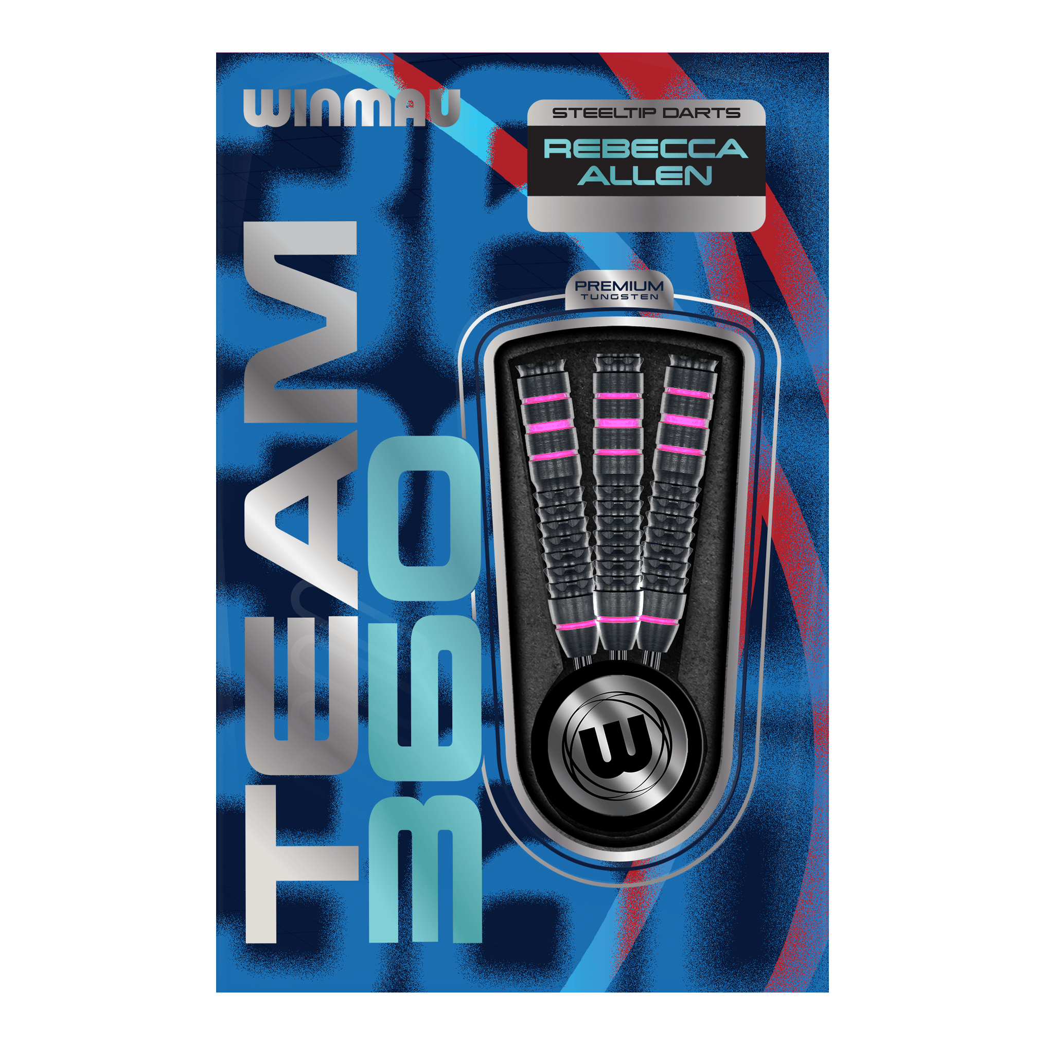 Abgebildet sind die Winmau Team 360 Rebecca Allen Steeldarts mit 24g. Die Darts sind speziell für Präzision und professionelle Leistung entworfen.