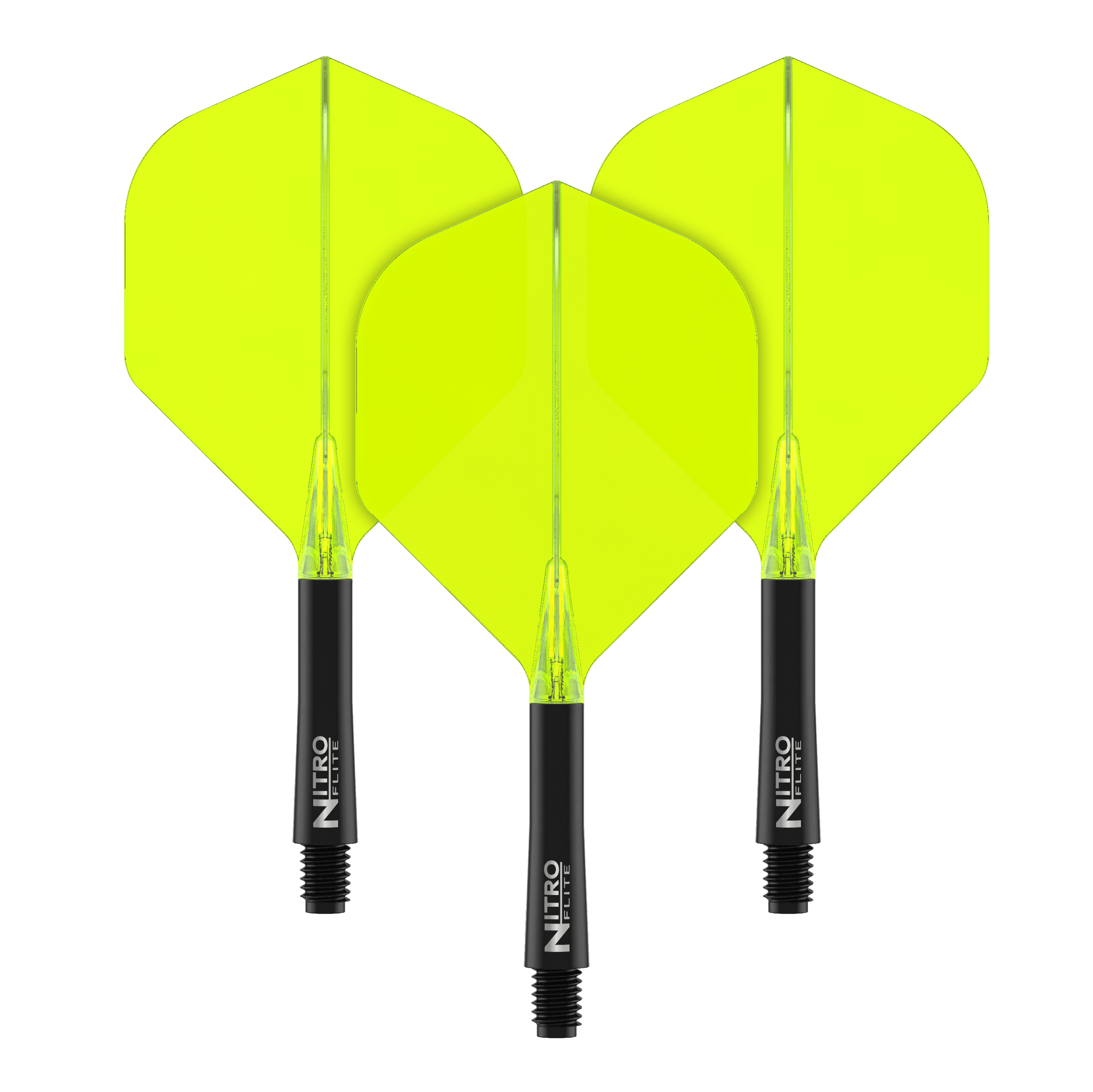Red Dragon Nitroflite - Black Shaft Yellow No2 Flights Auf dem Bild sind drei gelbe Dart-Flights mit schwarzen Schäften zu sehen. Die Flights sind in einer Reihe nebeneinander angeordnet.