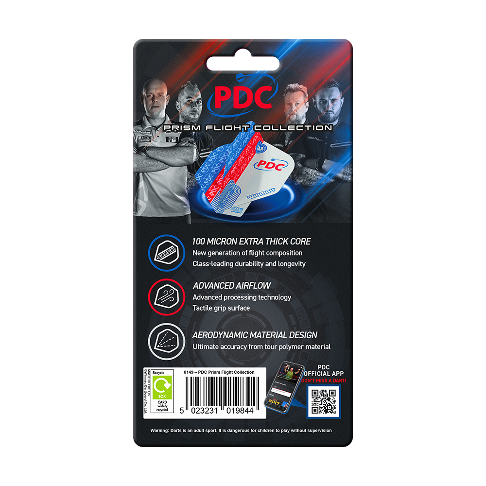 Winmau PDC Prism Flight Collection Das Bild zeigt die Verpackung der "Winmau PDC Prism Flight Collection" für Dartflights. Auf der Verpackung sind Produktmerkmale und Bilder von Dartspielern abgebildet.