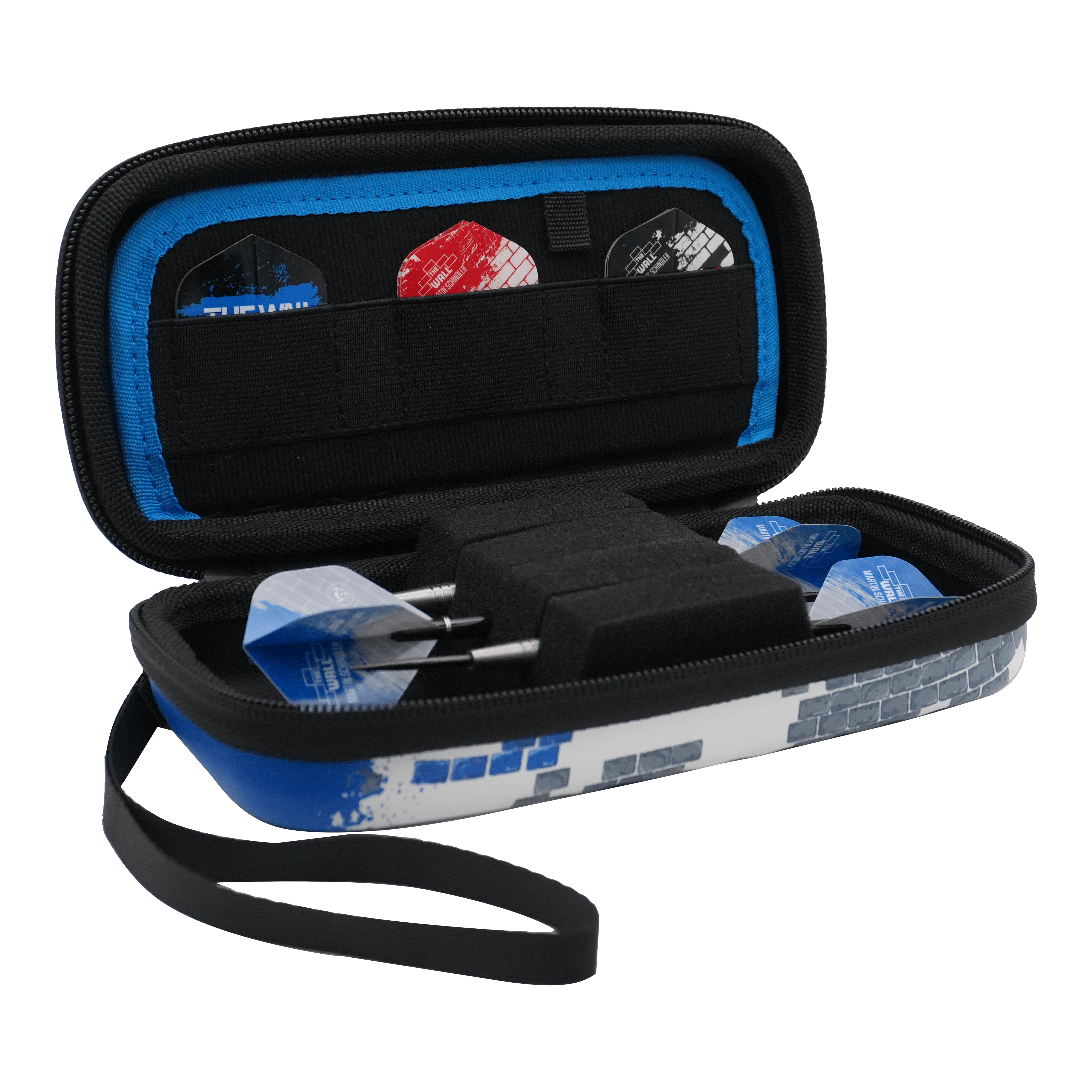 Bulls Orbis S Martin Schindler dart case Das Bild zeigt ein geöffnetes Dartcase mit mehreren Darts und Flights darin. Das Etui ist blau-weiß und trägt das Design des Bulls Orbis S Martin Schindler Dartcase.