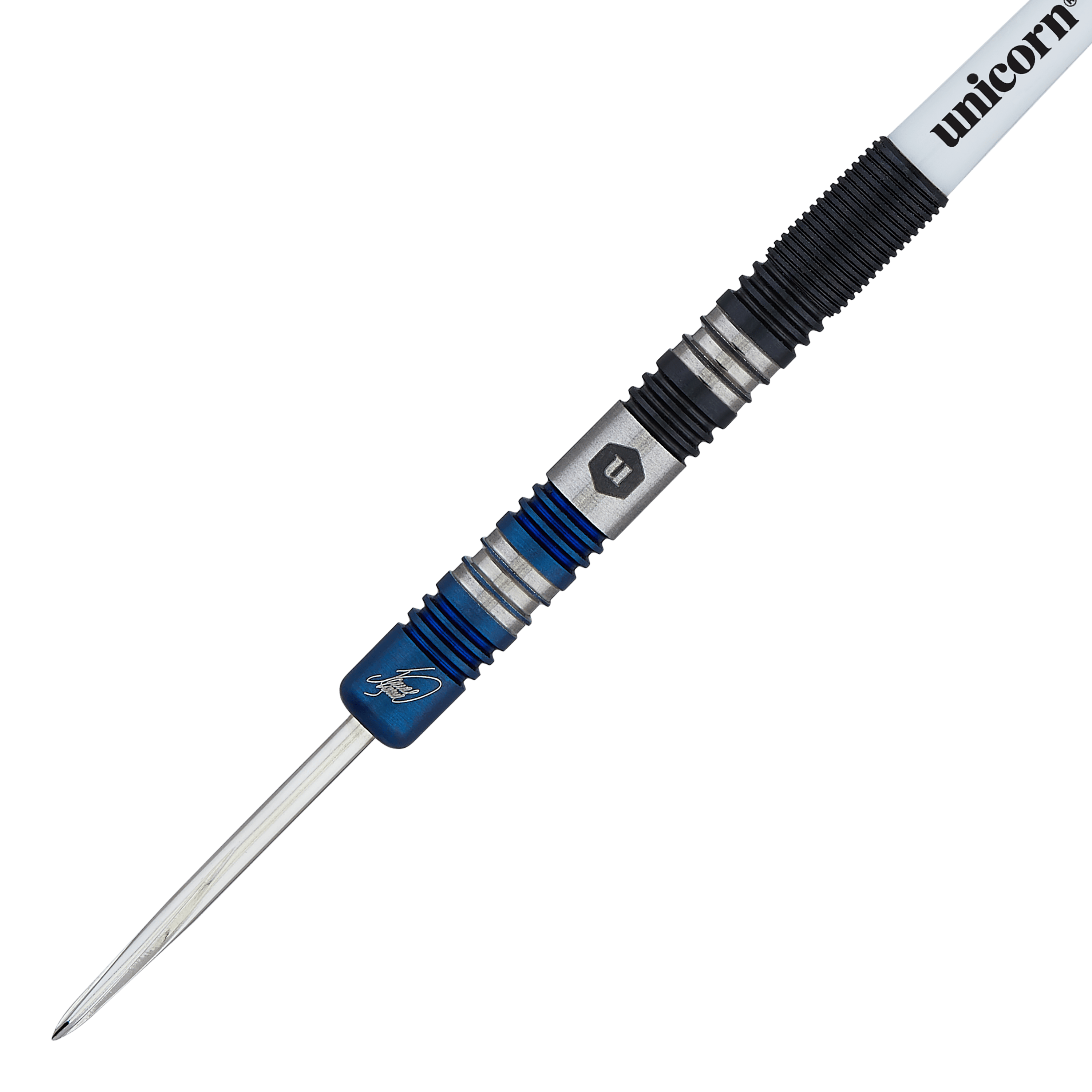 Unicorn The Machine James Wade Two-Tone Steel Darts Das Bild zeigt einen Steeldart mit zweifarbigem Griff und blauen Akzenten. Auf dem Dart steht "unicorn" und es handelt sich um das Modell "The Machine James Wade".