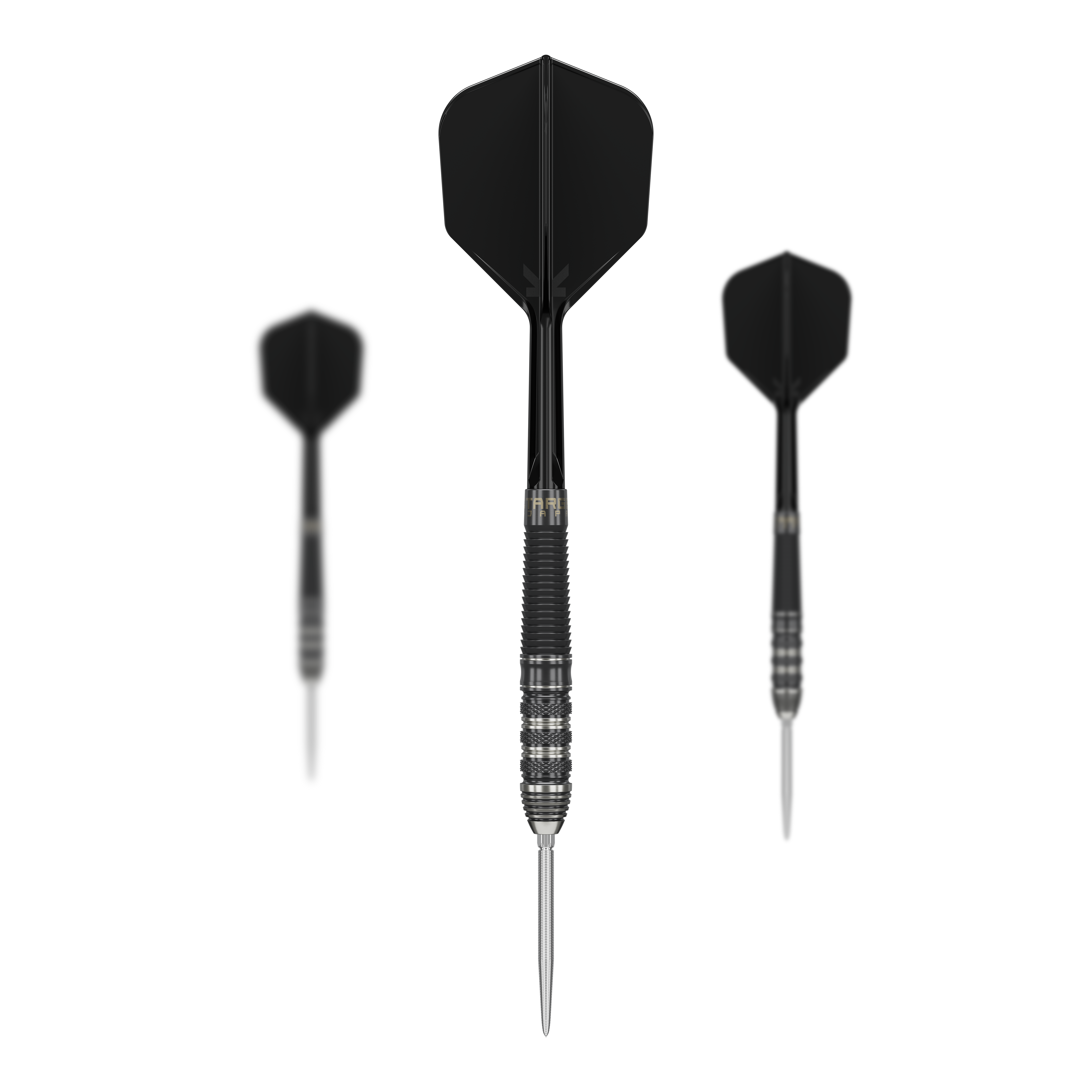 Target Japan Black Marque Armageddon GEN2 Swiss Point Steeldarts Das Bild zeigt drei schwarze Steeldarts des Modells „Target Japan Black Marque Armageddon GEN2 Swiss Point“. Die Darts haben einen geriffelten Metallkörper und schwarze Flights.