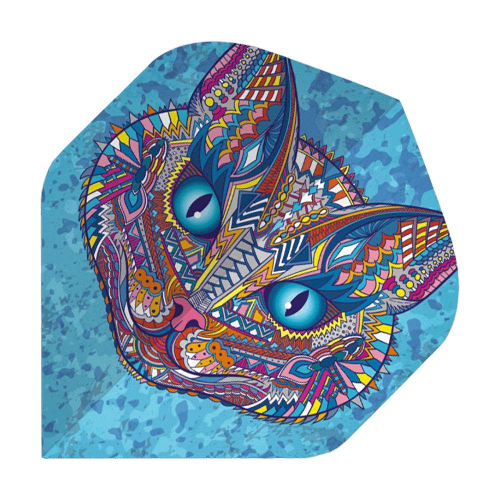 P76_Pentathlon_Metro_Ornate_Cat_Standard_Flights_1 Das Bild zeigt ein Dart-Flight mit einem bunten, verzierten Katzenkopf auf blauem Hintergrund. Das Design ist sehr detailreich und verwendet viele verschiedene Farben und Muster.