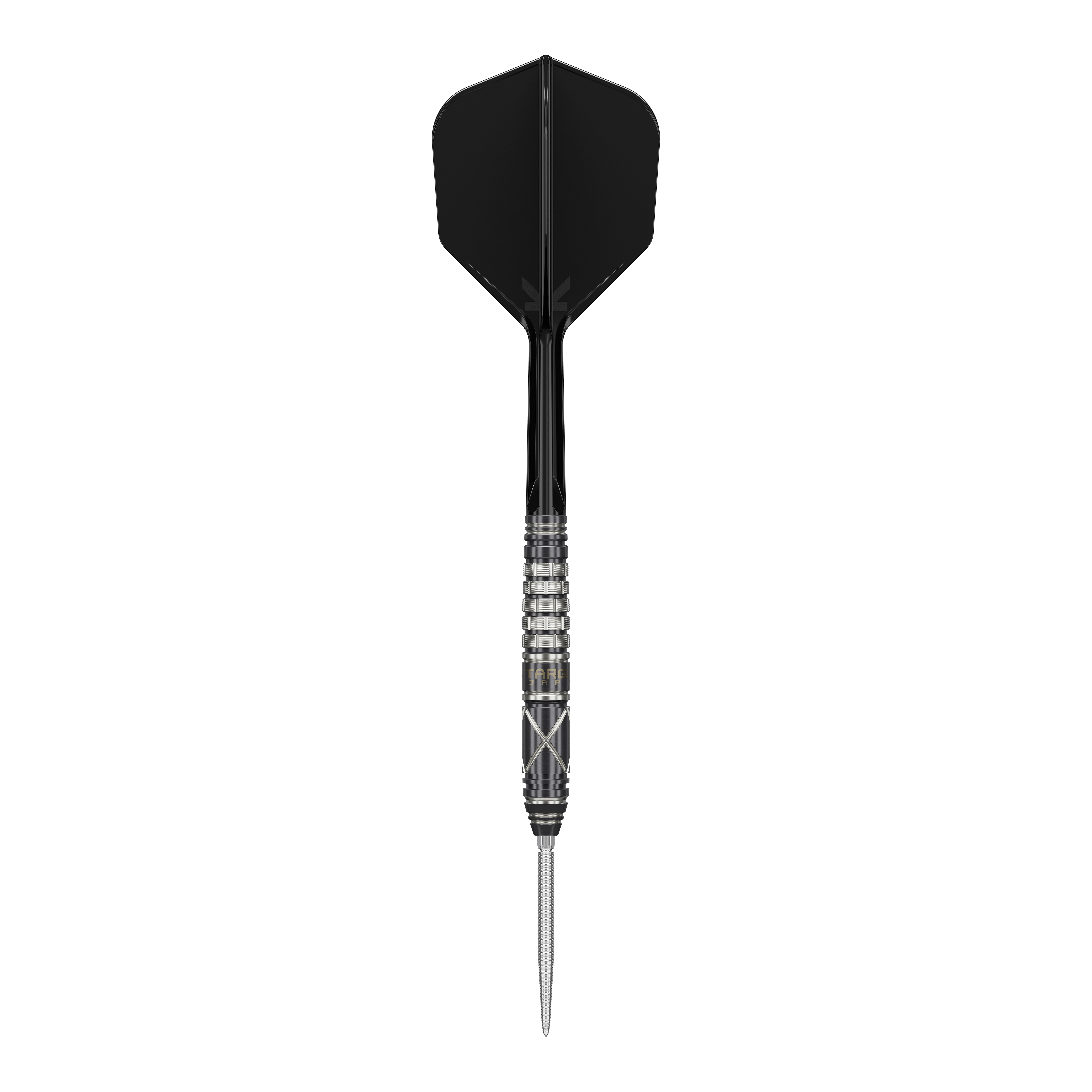 Das Bild zeigt einen stilvollen Steeldartpfeil mit schwarzer Flight und silber-schwarzem Barrel. Es handelt sich um das Produkt "Target Japan Black Marque Chaos 2 SP Steeldarts".