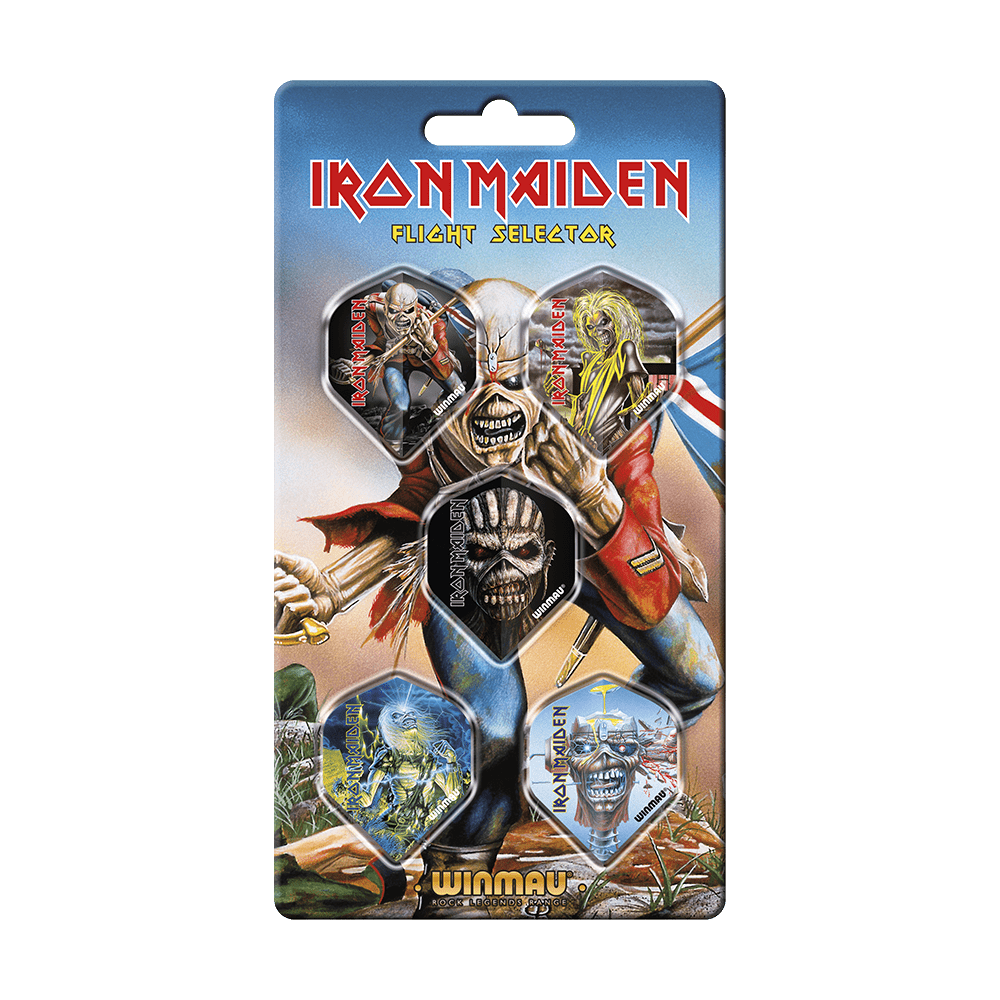 8136_Winmau_Iron_Maiden_Flight_Selector_1 Das Bild zeigt das Produkt "Winmau Iron Maiden Flight Selector" mit fünf verschiedenen Flight-Designs für Darts. Auf der Verpackung sind bunte Illustrationen und das Iron Maiden-Logo abgebildet.