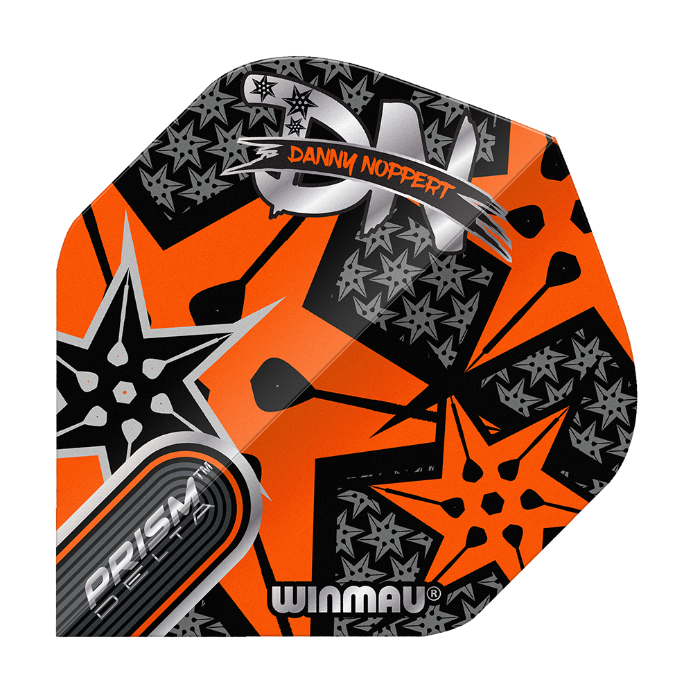 Winmau Prism Delta Danny Noppert Orange Signature No2 Standard Flights Das Bild zeigt ein buntes Dart-Flight mit orangefarbenem und schwarzem Sternmuster. Auf dem Flight stehen die Namen "Danny Noppert" und "Winmau Prism Delta".