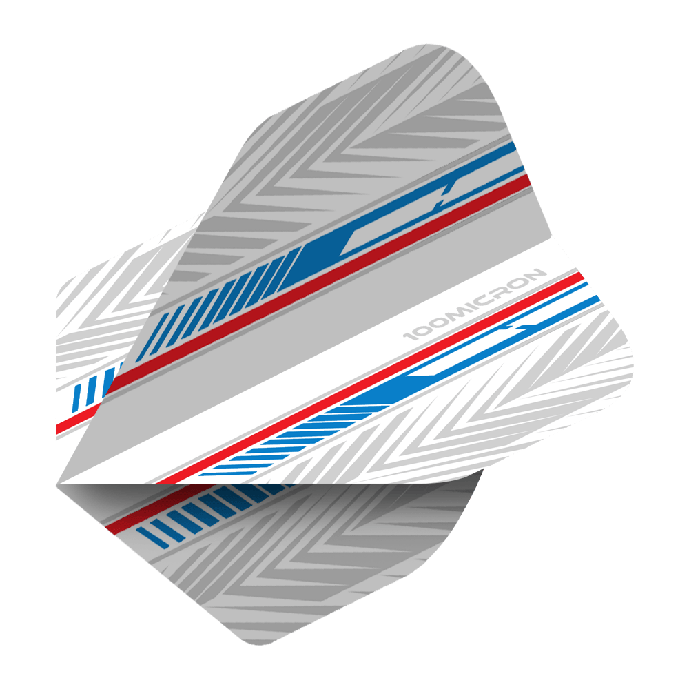 Pentathlon Flights white/blue/red Das Bild zeigt einen Pentathlon White Blue Red No2 Standard Flight für Darts. Das Design besteht aus weißen, blauen und roten Streifen mit silbergrauen Mustern.