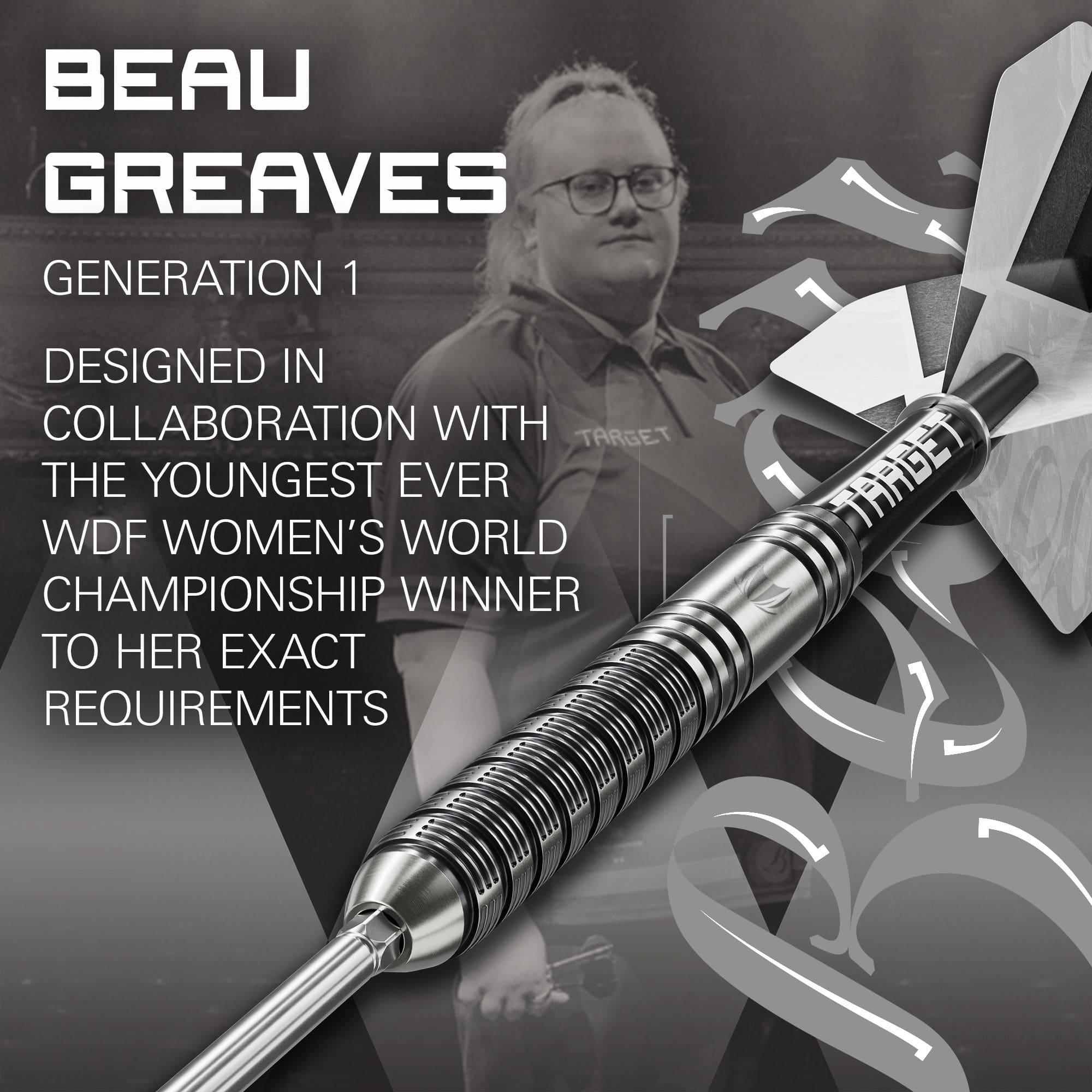 Dieses Foto zeigt die Target Beau Greaves GEN1 Swiss Point Steeldarts von der Seite. Die Details der Barrelstruktur sind klar erkennbar.