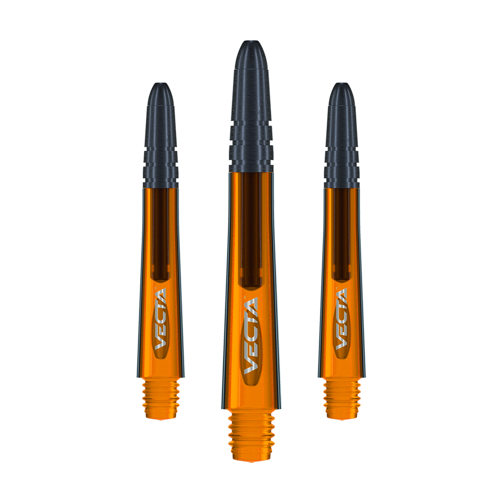7025-110_Winmau_Vecta_Shafts_Orange_40mm_1 Das Bild zeigt drei orangefarbene Winmau Vecta Shafts mit schwarzer Spitze. Sie sind 37 mm lang und tragen den Schriftzug "VECTA".