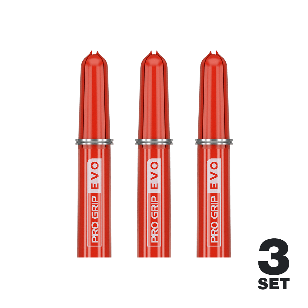 Das Bild zeigt drei rote Target Pro Grip EVO Ersatztops für Dartpfeile. Unten rechts steht "3 Set", was auf drei Sets in der Packung hinweist.