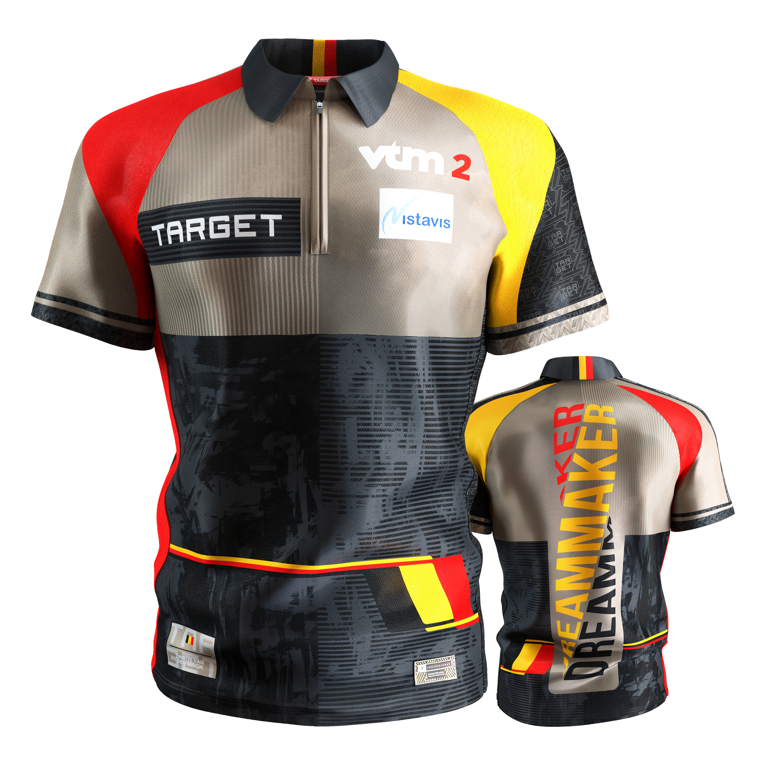 Target Coolplay Dimitri Van Den Bergh 2025 dart shirt Das Bild zeigt das "Target Coolplay Dimitri Van Den Bergh 2025 Dartshirt" von vorne und hinten. Das Shirt ist bunt gestaltet mit den Farben Schwarz, Rot, Gelb und Beige und trägt verschiedene Logos sowie den Schriftzug "DREAMMAKER" auf der Rückseite.