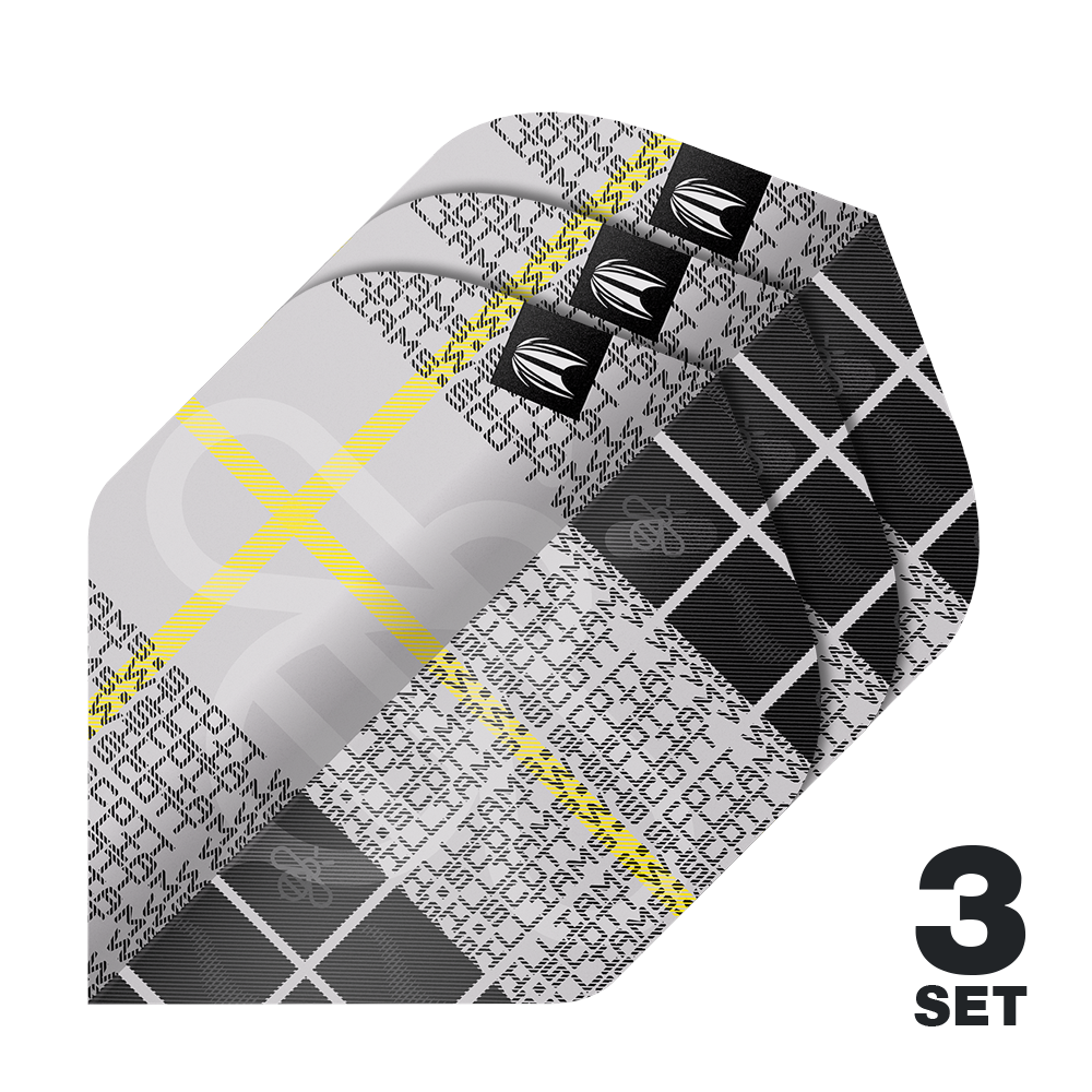 Das Bild zeigt drei Sets der Target Pro Ultra Scott Williams GEN2 No2 Standard Flights. Die Flights haben ein schwarz-graues Muster mit gelben Linien und weißen Schriftzügen.