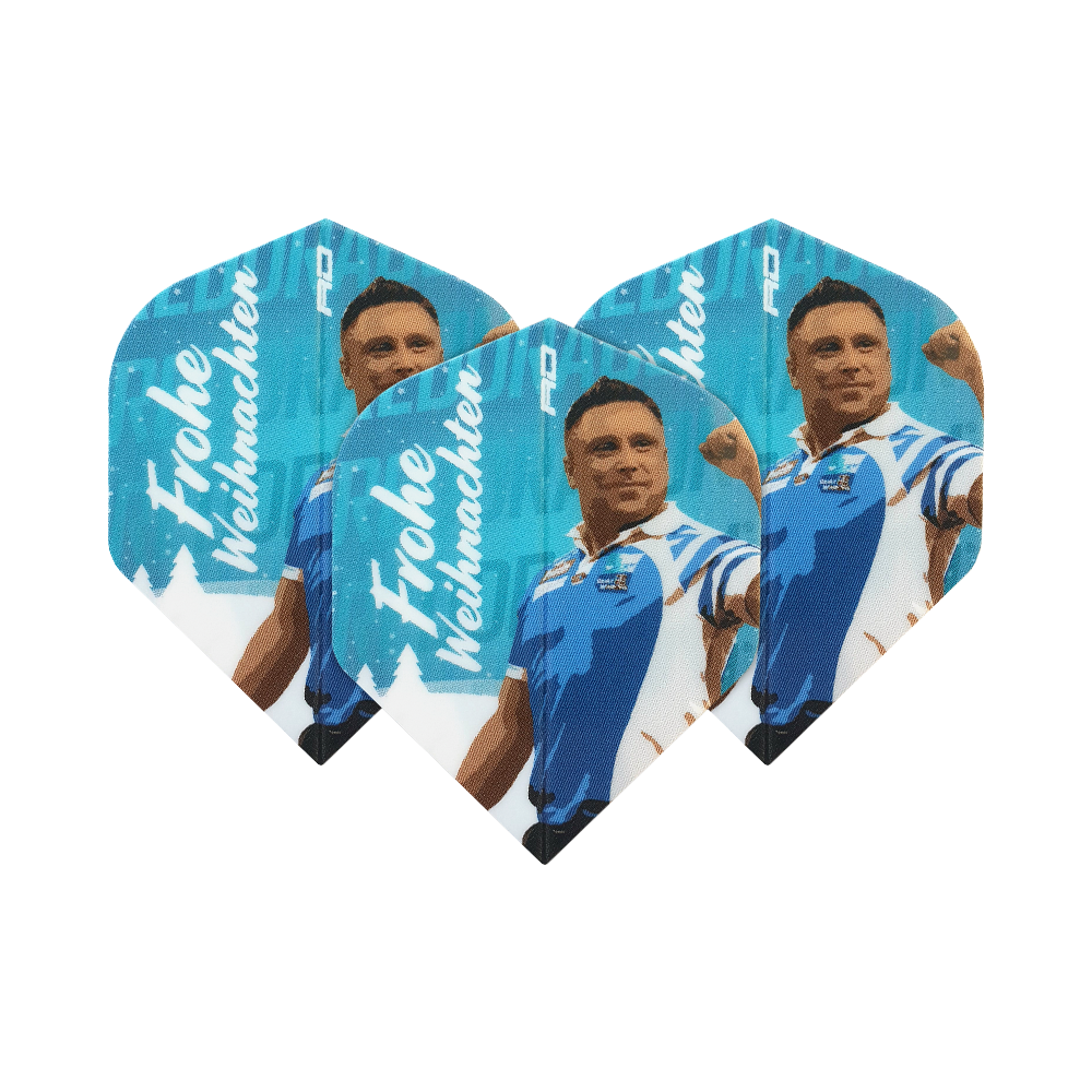Auf dem Bild sind drei blaue Dart-Flights mit dem Motiv eines Sportlers und der Aufschrift "Frohe Weihnachten" zu sehen. Die Flights sind ein Produkt namens "Red Dragon Merry Christmas Flights Gerwyn Price Blue".