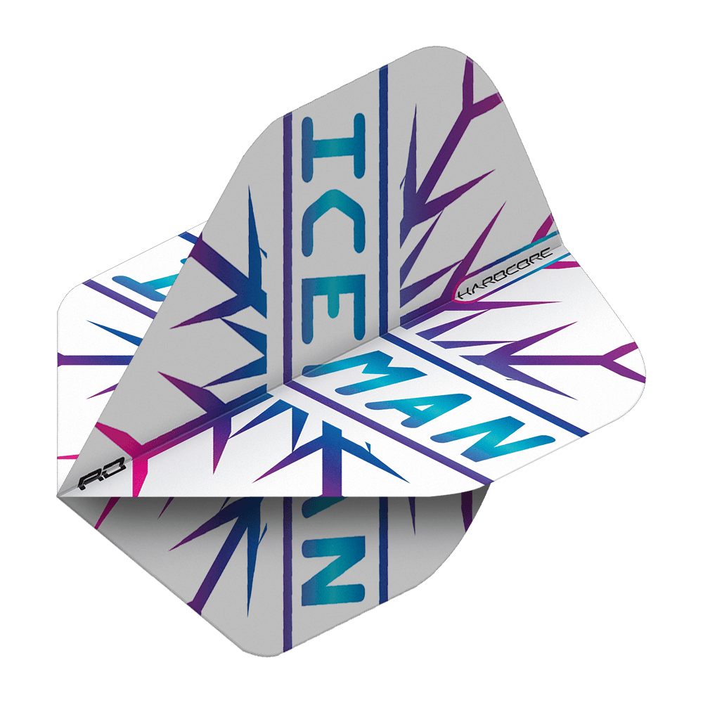 Das Bild zeigt ein Dartflights-Set mit dem Aufdruck "ICEMAN" in blauen und lila Farben. Die Flights haben ein schneeflockenähnliches Muster und den Schriftzug "HARDCORE" an der Seite.