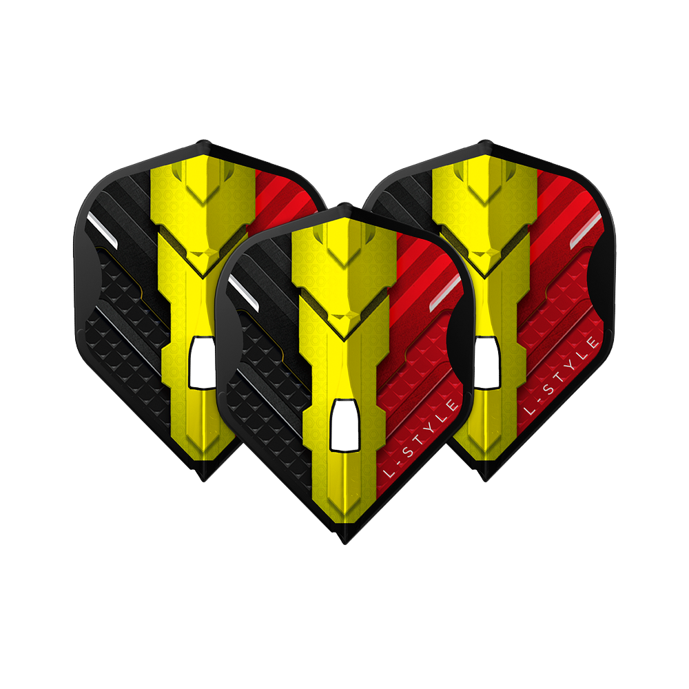 Das Bild zeigt drei Dart Flights des Modells "L-Style V-Series V1 Type C Belgium Black L1PRO". Die Flights sind in den Farben Schwarz, Gelb und Rot gestaltet und tragen das Logo "L-STYLE".