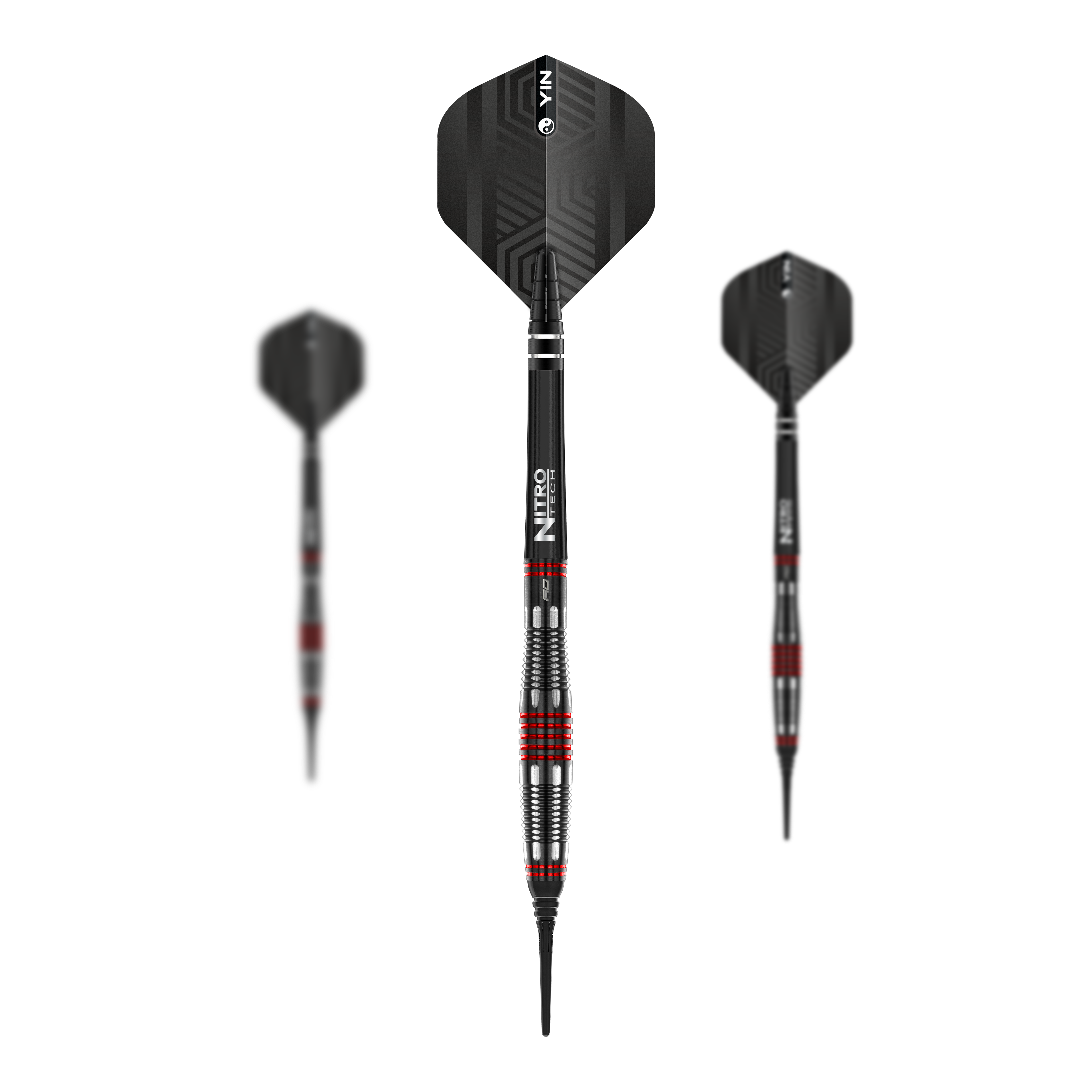 Red Dragon Marlin Venom Soft Darts - 22g Das Bild zeigt drei Softdarts des Modells "Red Dragon Marlin Venom" mit einem Gewicht von 22g. Die Darts sind in Schwarz mit roten und silbernen Akzenten gestaltet.