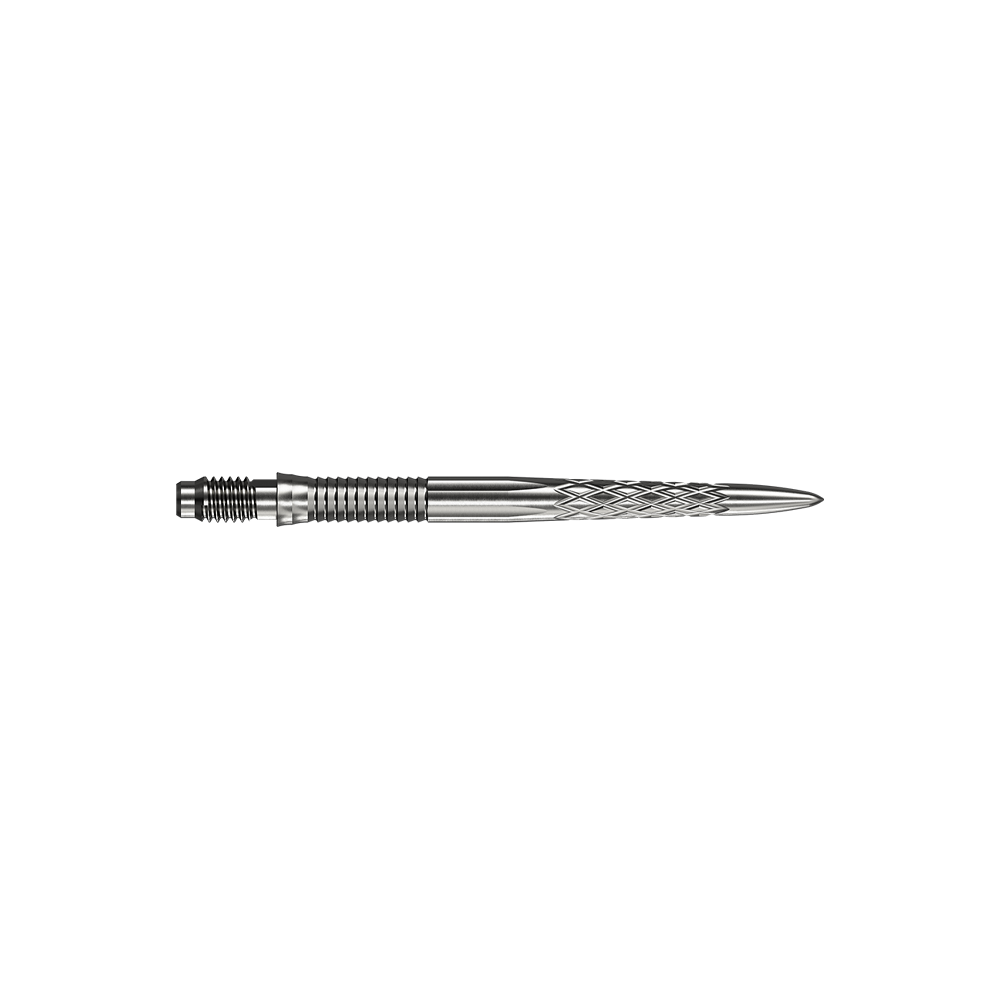 Abgebildet sind silberne Dartspitzen Mission R25 Rapid Point DSX mit einer Länge von 30mm. Die Spitzen werden aus zwei verschiedenen Blickwinkeln präsentiert.