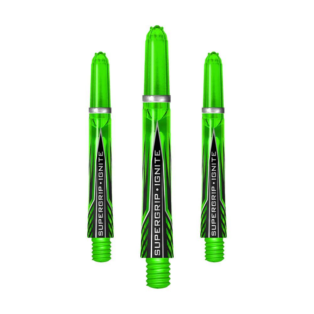 Das Bild zeigt drei grüne Harrows Supergrip Ignite Shafts. Sie sind nebeneinander angeordnet und haben ein modernes, transparentes Design mit schwarzer und silberner Beschriftung.