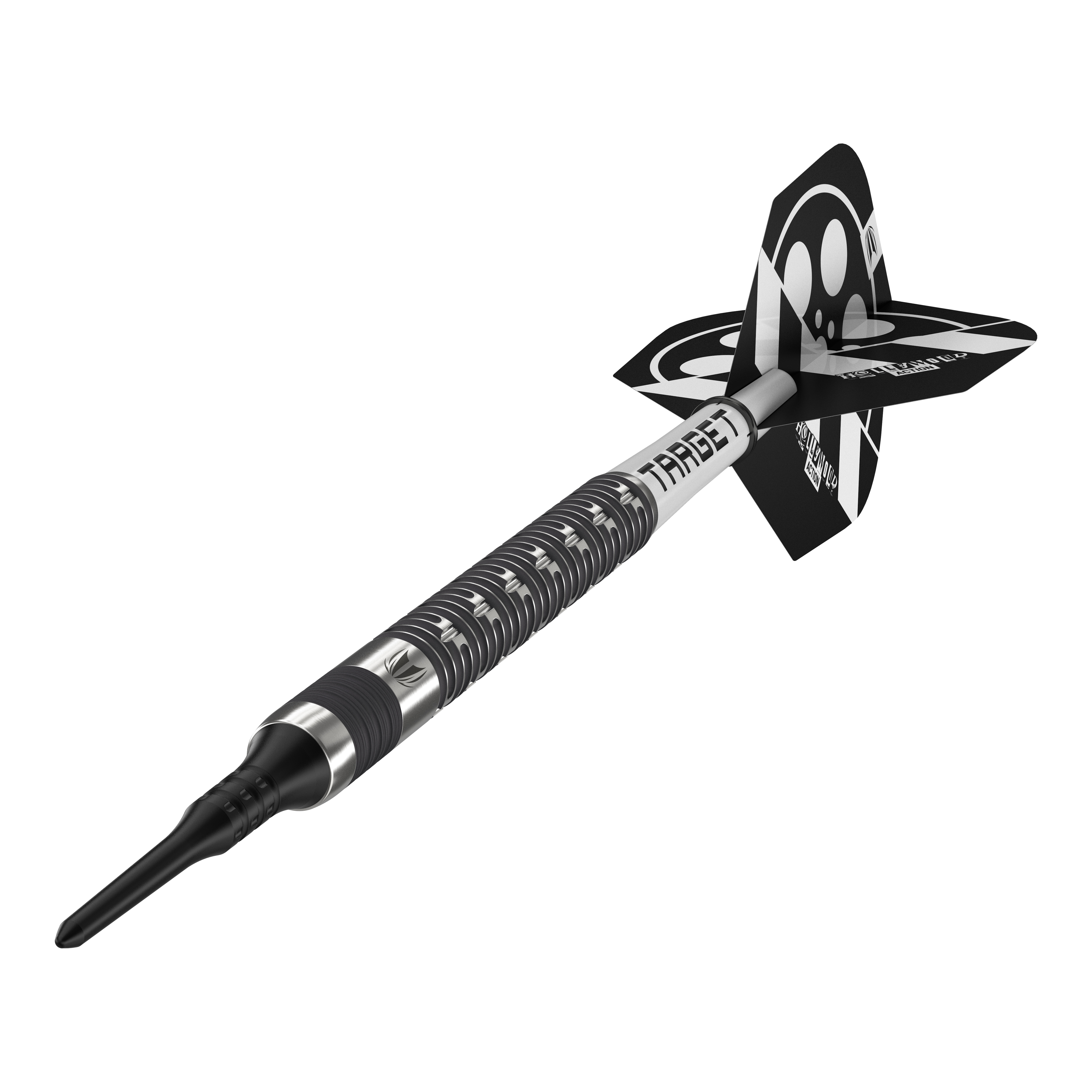 Target Chris Dobey Hollywood Action Softdarts - 20g Das Bild zeigt einen schwarzen Softdart mit silbernen Akzenten und der Aufschrift "TARGET". Am hinteren Ende befindet sich ein schwarz-weißes Flight-Design.