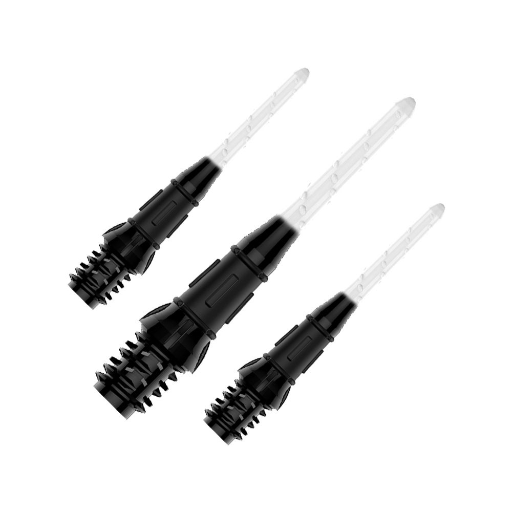 L-Style Premium Two Tone Lippoints (Pack of 30) Auf dem Bild sind drei schwarze und transparente Dartspitzen zu sehen. Sie sind in einer Reihe angeordnet und weisen ein modernes, zweiteiliges Design auf.