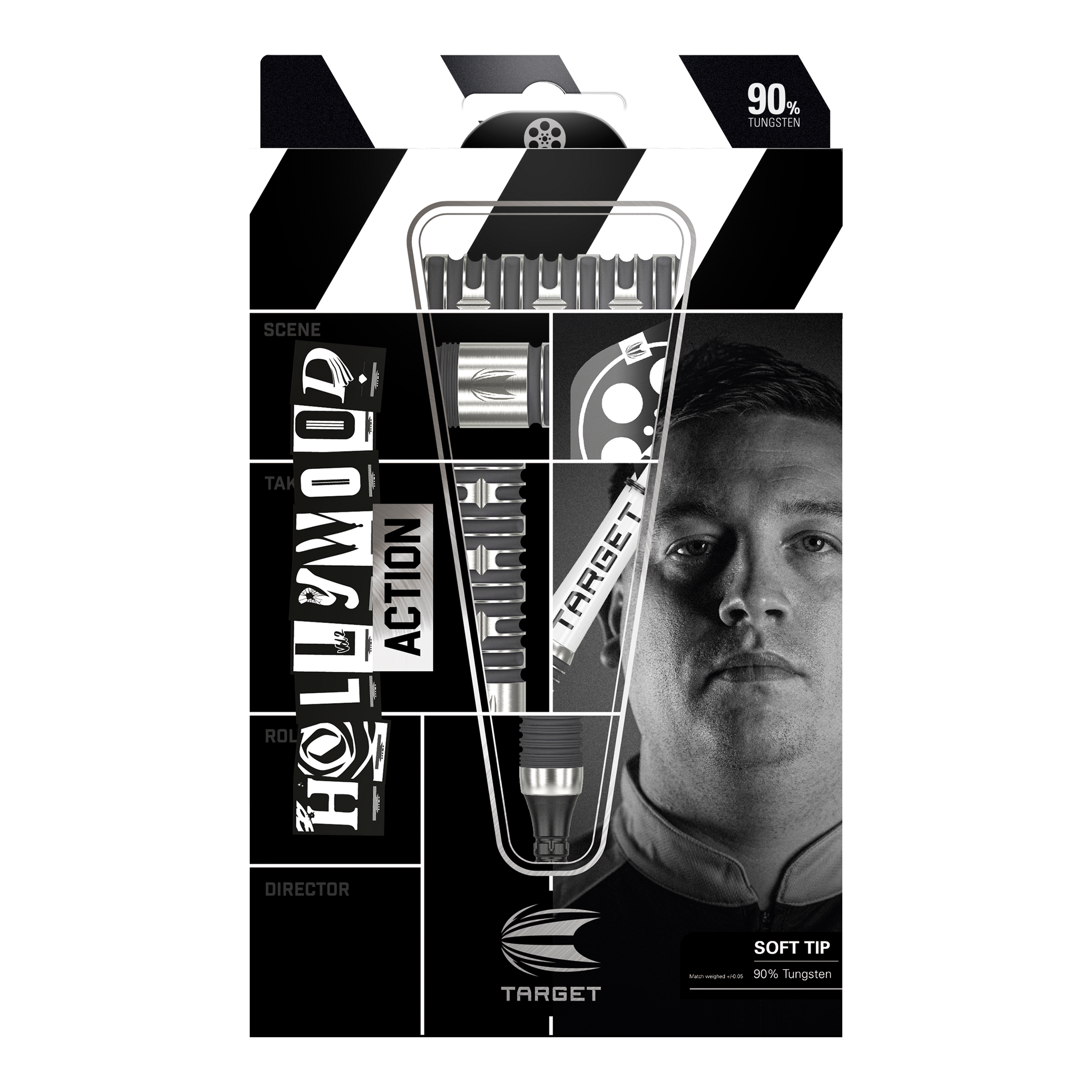 Target Chris Dobey Hollywood Action Softdarts - 20g Die Abbildung zeigt das Produkt "Target Chris Dobey Hollywood Action Softdarts - 20g" in seiner Verpackung. Auf der Verpackung sind die Darts sowie das Gesicht eines Mannes und der Markenname deutlich zu sehen.