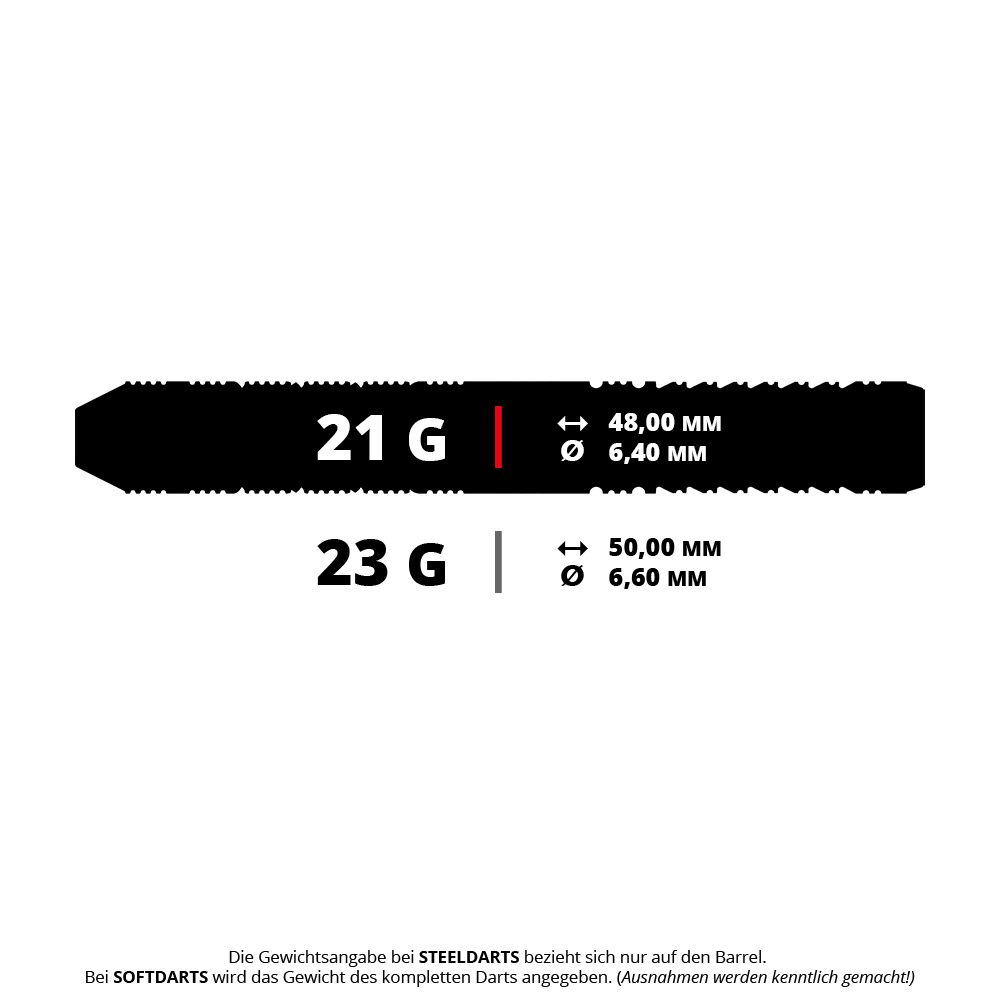 Das Bild zeigt zwei verschiedene Steeldarts mit unterschiedlichen Gewichten und Maßen. Ein Dart wiegt 21 g und ist 48 mm lang, der andere wiegt 23 g und ist 50 mm lang.