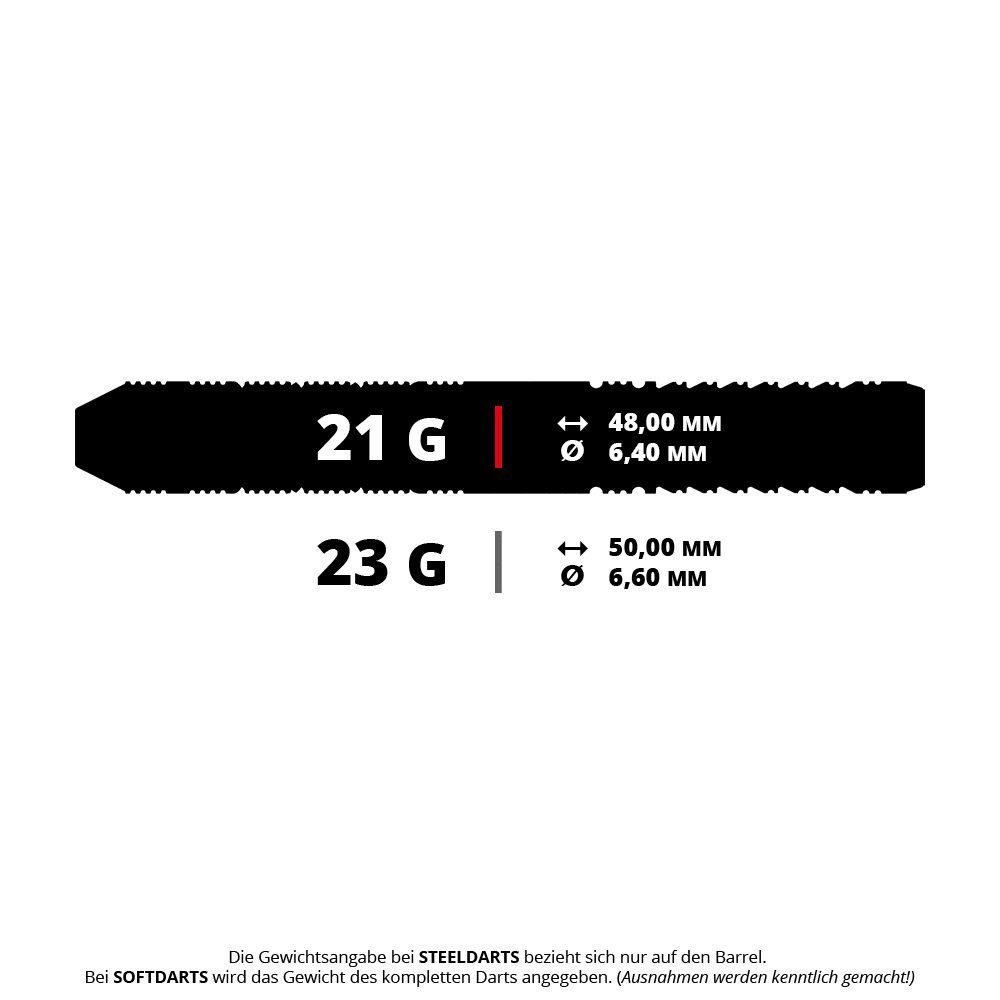 Target Japan Black Marque Reyn GEN2 steel darts Das Bild zeigt zwei verschiedene Steeldarts mit unterschiedlichen Gewichten und Maßen. Ein Dart wiegt 21 g und ist 48 mm lang, der andere wiegt 23 g und ist 50 mm lang.