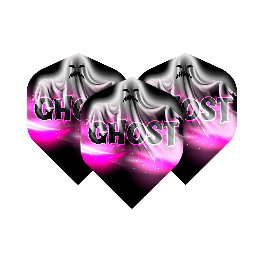 Das Bild zeigt drei Dart-Flights mit dem Aufdruck „GHOST“ und einem stilisierten Geist auf einem schwarz-rosa Hintergrund. Es handelt sich um das Produkt "Mission Solo Bailey Marsh No2 Standard Flights".