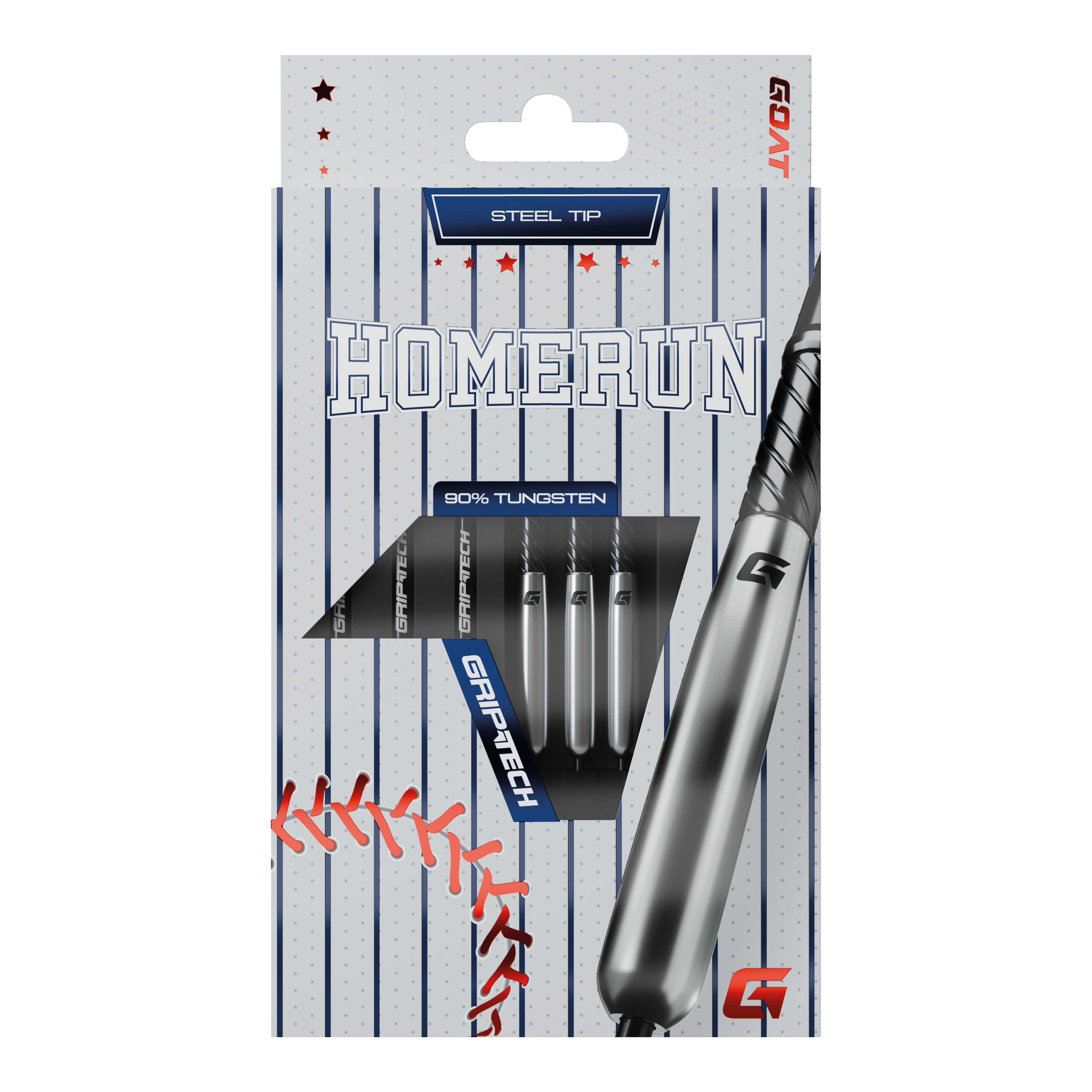 GOAT Homerun Baseball Tungsten Steel Darts Das Bild zeigt die Verpackung der "GOAT Homerun Baseball Tungsten Steeldarts" mit Stahlspitze. Auf der Vorderseite sind drei Darts sowie baseballtypische Designelemente abgebildet.