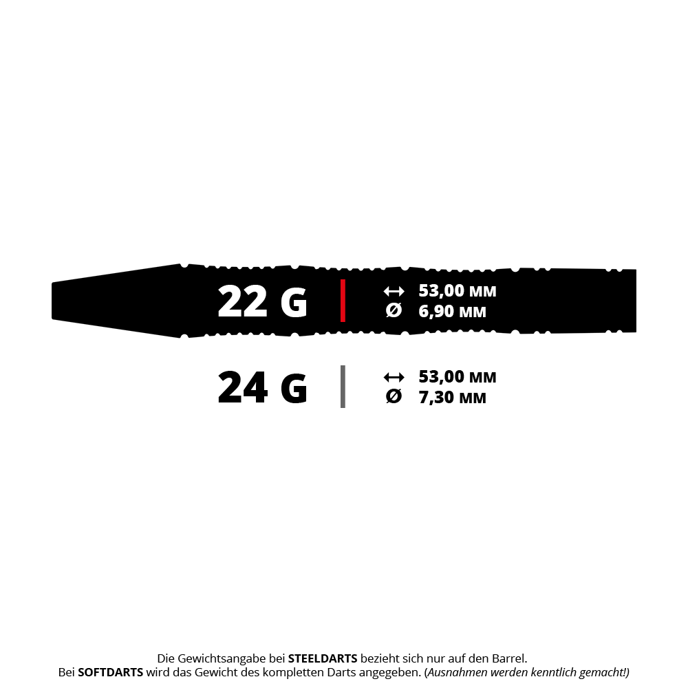 GOAT Ceremony Tungsten Steel Darts Dieses Bild zeigt zwei Darts mit unterschiedlichen Gewichten und Maßen. Der Dart wiegt entweder 22 g oder 24 g, beide sind 53 mm lang, haben aber unterschiedliche Durchmesser von 6,90 mm und 7,30 mm.