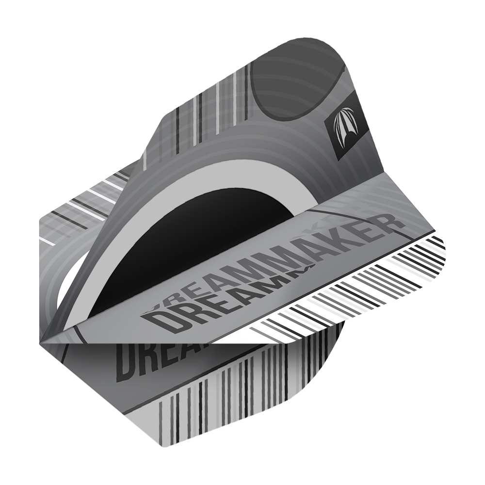 Target Pro Ultra Dimitri Van Den Bergh X Echo No6 Flights - 3 Sets Das Bild zeigt die Target Pro Ultra Dimitri Van Den Bergh X Echo No6 Flights. Die Flights sind in Grau- und Schwarztönen gestaltet und tragen die Aufschrift „DREAMMAKER“.