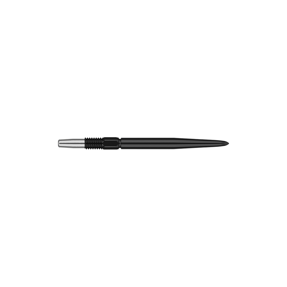 Target Swiss Point Black dart tips Das Bild zeigt eine schwarze Dartspitze mit einer silbernen Befestigung. Die Spitze ist schlank und misst 26 mm in der Länge.