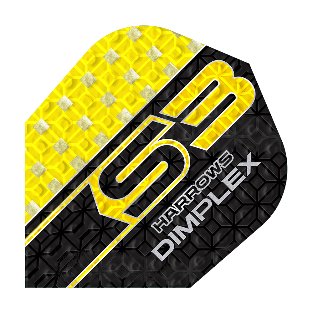 Harrows Dimplex S3 Flights - Yellow Das Bild zeigt das Produkt "Harrows Dimplex S3 Flights - Gelb". Das Flight ist gelb und schwarz mit silbernen Details und einem strukturierten Muster gestaltet.