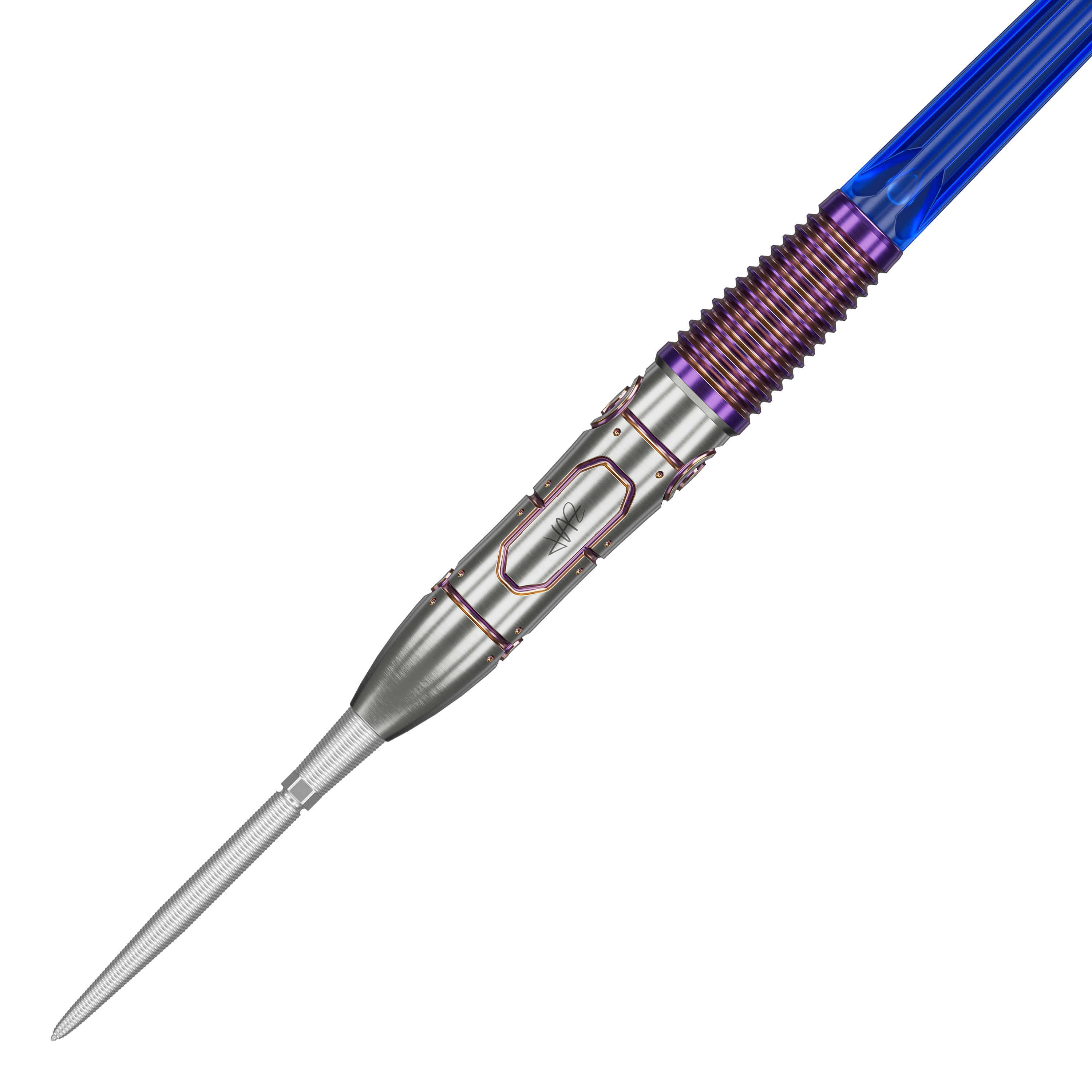 Target Japan Haruki Muramatsu Rising Sun GEN9 Steeldarts - 23g Das Bild zeigt einen Target Japan Haruki Muramatsu Rising Sun GEN9 Steeldart mit einem Gewicht von 23g. Der Dart hat ein auffälliges Design mit silberner Spitze, violetten Akzenten und einem blauen Schaft.
