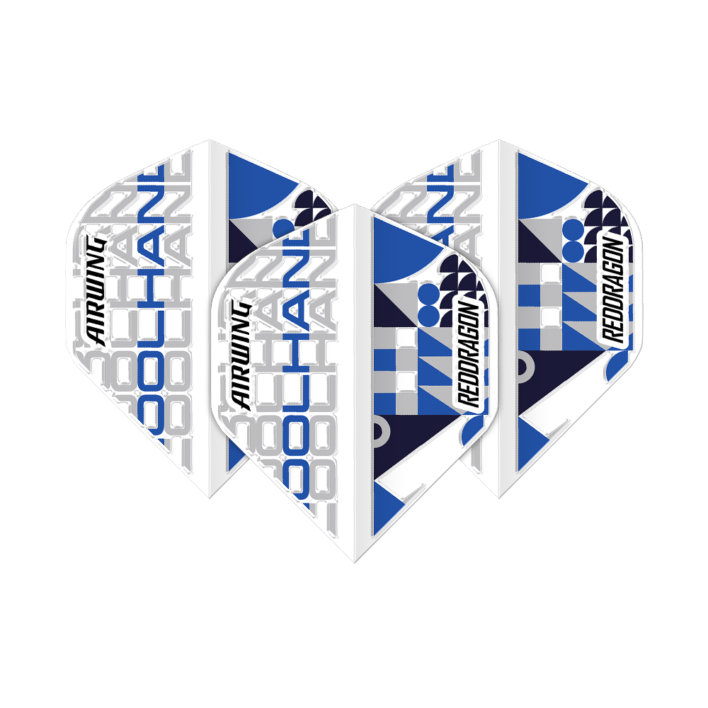 Das Bild zeigt drei Dart-Flights des Produkts "Red Dragon Airwing Luke Humphries White Standard Flights". Die Flights sind überwiegend weiß mit blauen und grauen grafischen Elementen sowie der Aufschrift "COOL HAND", "AIRWING" und "RED DRAGON".