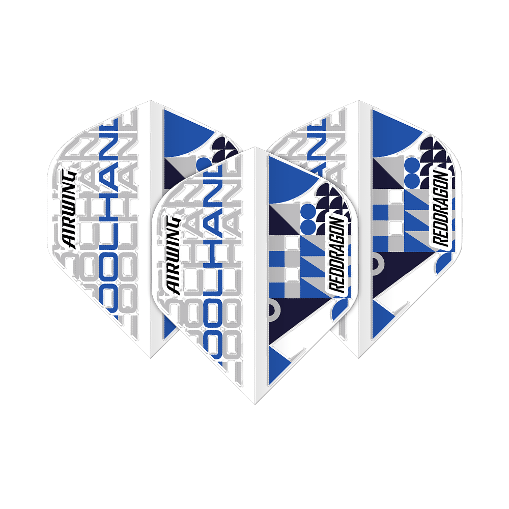 Red Dragon Airwing Luke Humphries White Standard Flights Das Bild zeigt drei Dart-Flights des Produkts "Red Dragon Airwing Luke Humphries White Standard Flights". Die Flights sind überwiegend weiß mit blauen und grauen grafischen Elementen sowie der Aufschrift "COOL HAND", "AIRWING" und "RED DRAGON".