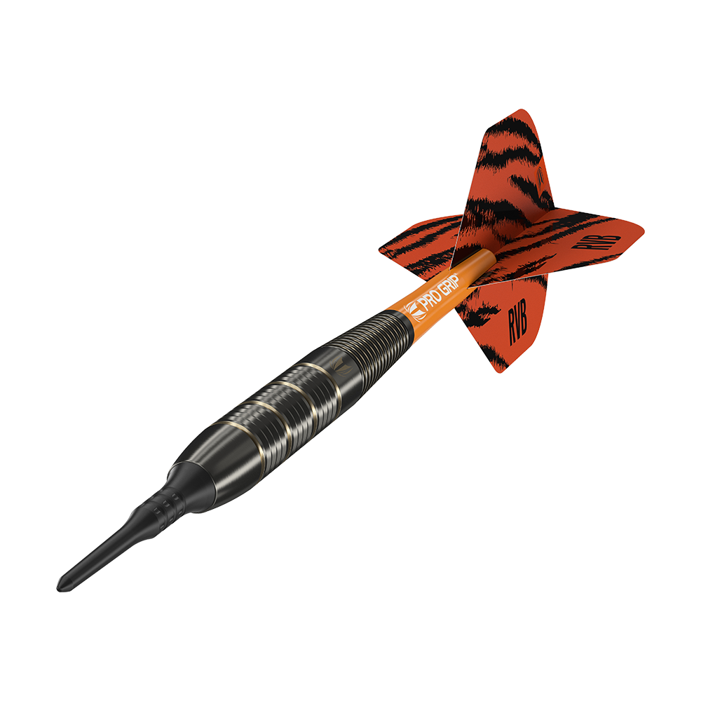 170015_Target_Raymond_Van_Barneveld_Brass_Softdarts_4 Das Bild zeigt einen Softdartpfeil mit schwarzem und silbernem Griff sowie einer orange-schwarzen Flugfeder. Auf der Feder steht "RVB" und der Schaft ist mit "PRO GRIP" beschriftet.