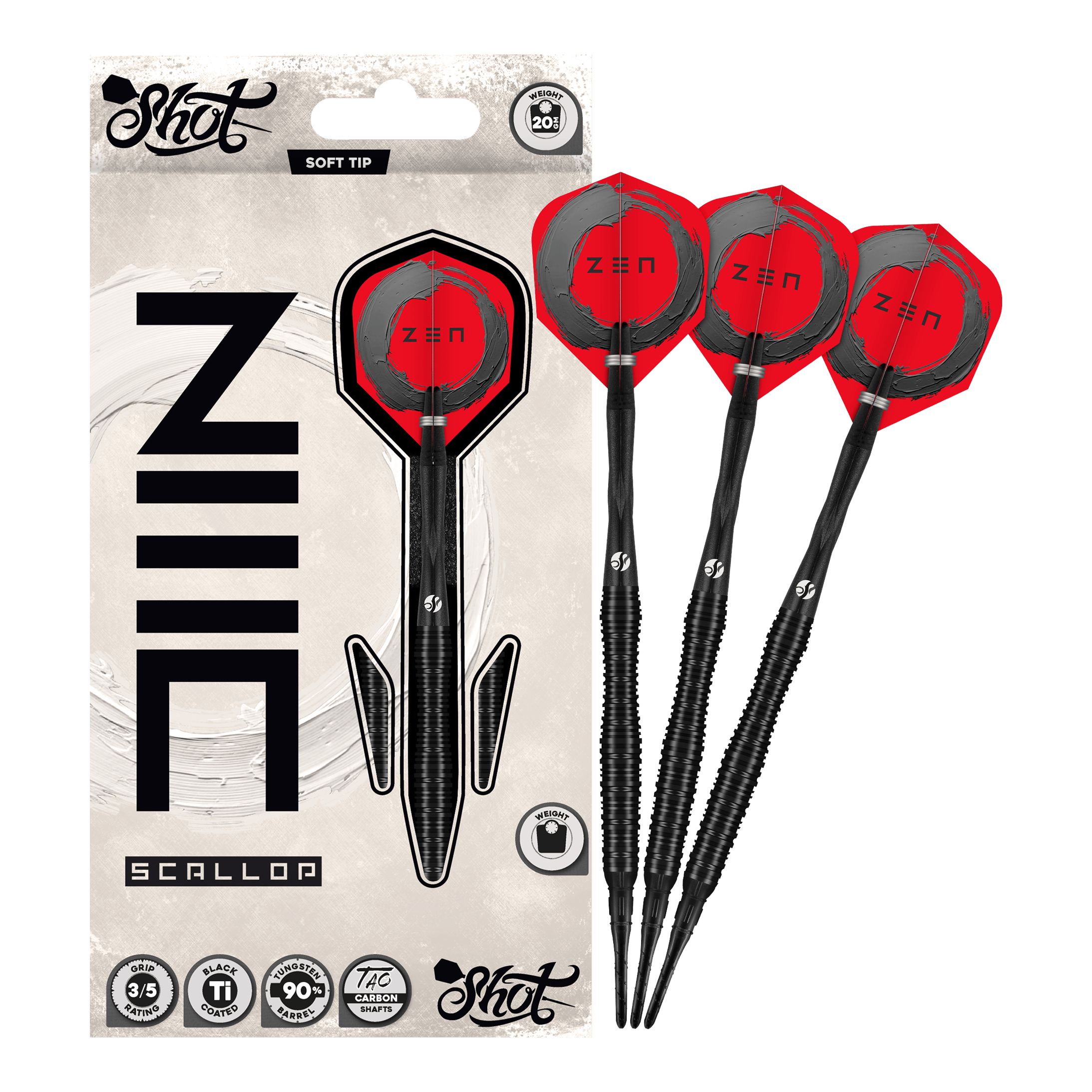 Shot ZEN Scallop Soft Darts - 20g Das Bild präsentiert die Shot ZEN Scallop Softdarts - 20g in voller Ansicht. Diese Darts zeichnen sich durch ihre hochwertige Verarbeitung aus.