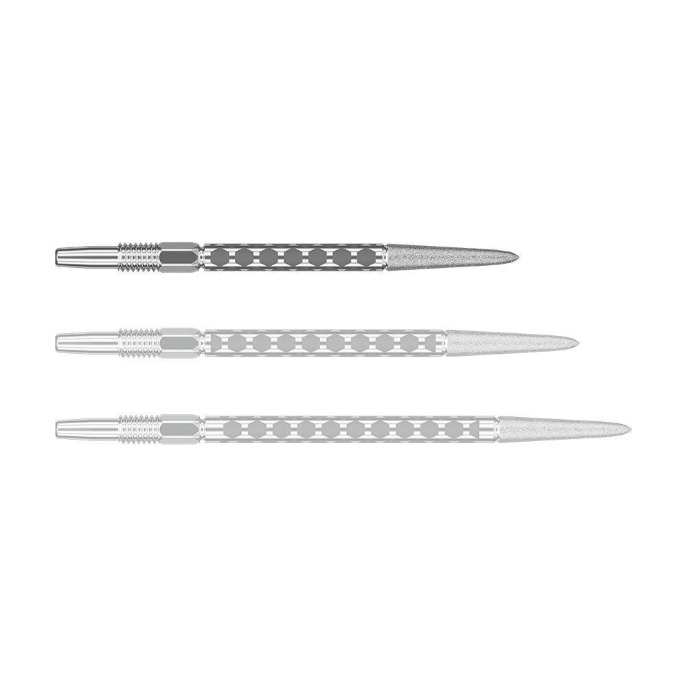 Target Swiss FLT Point Dart Tips - Silver Eine kurze silberfarbene Dartspitze ist einzeln im Bild. Sie liegt waagerecht.