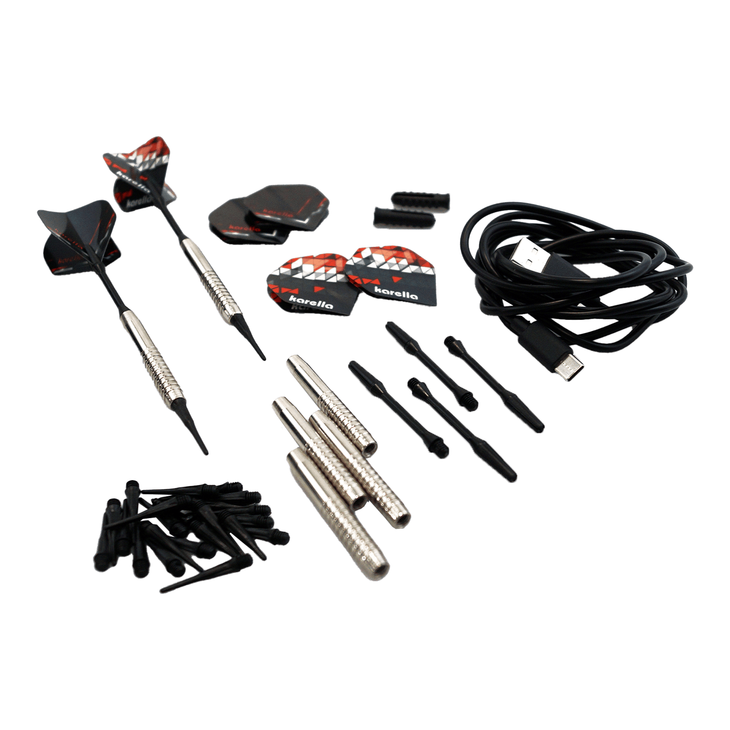 Karella CB-Smart Electronic Soft Dartboard Das Bild zeigt das Zubehörset der Karella CB-Smart Elektronischen Soft-Dartscheibe, darunter mehrere Dartpfeile, Ersatzspitzen, Flights und ein USB-Kabel. Die Einzelteile sind ordentlich auf einem hellen Hintergrund angeordnet.