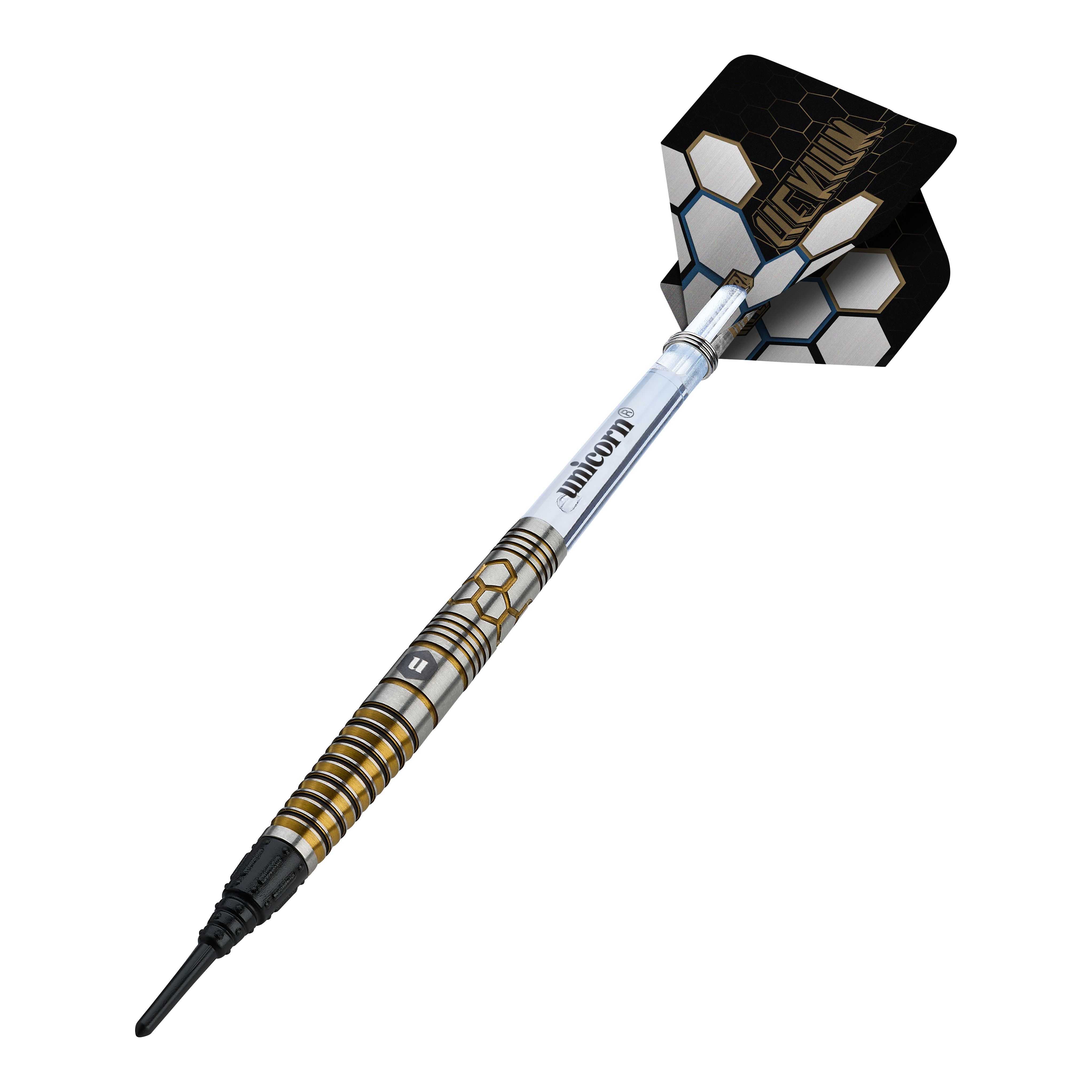 Abgebildet ist das Produkt Unicorn Hexium Style 02 Blue & Gold Softdarts - 21g. Die Farben Blau und Gold dominieren das Design der Softdarts.