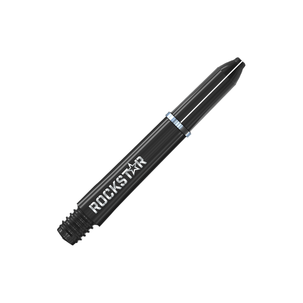 Winmau Joe Cullen Rockstar Nylon Shafts Black Auf dem Bild ist ein schwarzer Dart-Schaft mit der Aufschrift "ROCKSTAR" zu sehen. Der Schaft hat einen silbernen Ring in der Mitte.