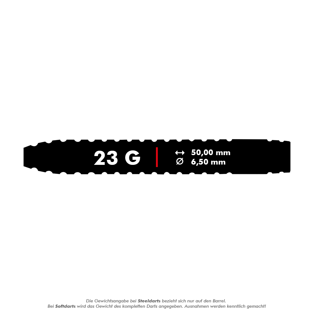 Unicorn Contender Camerion Menzies Steel Darts - 23g Das Bild zeigt die Produktdetails der Unicorn Contender Camerion Menzies Steeldarts mit einem Gewicht von 23 Gramm. Die Steeldarts haben eine Länge von 50,00 mm und einen Durchmesser von 6,50 mm.