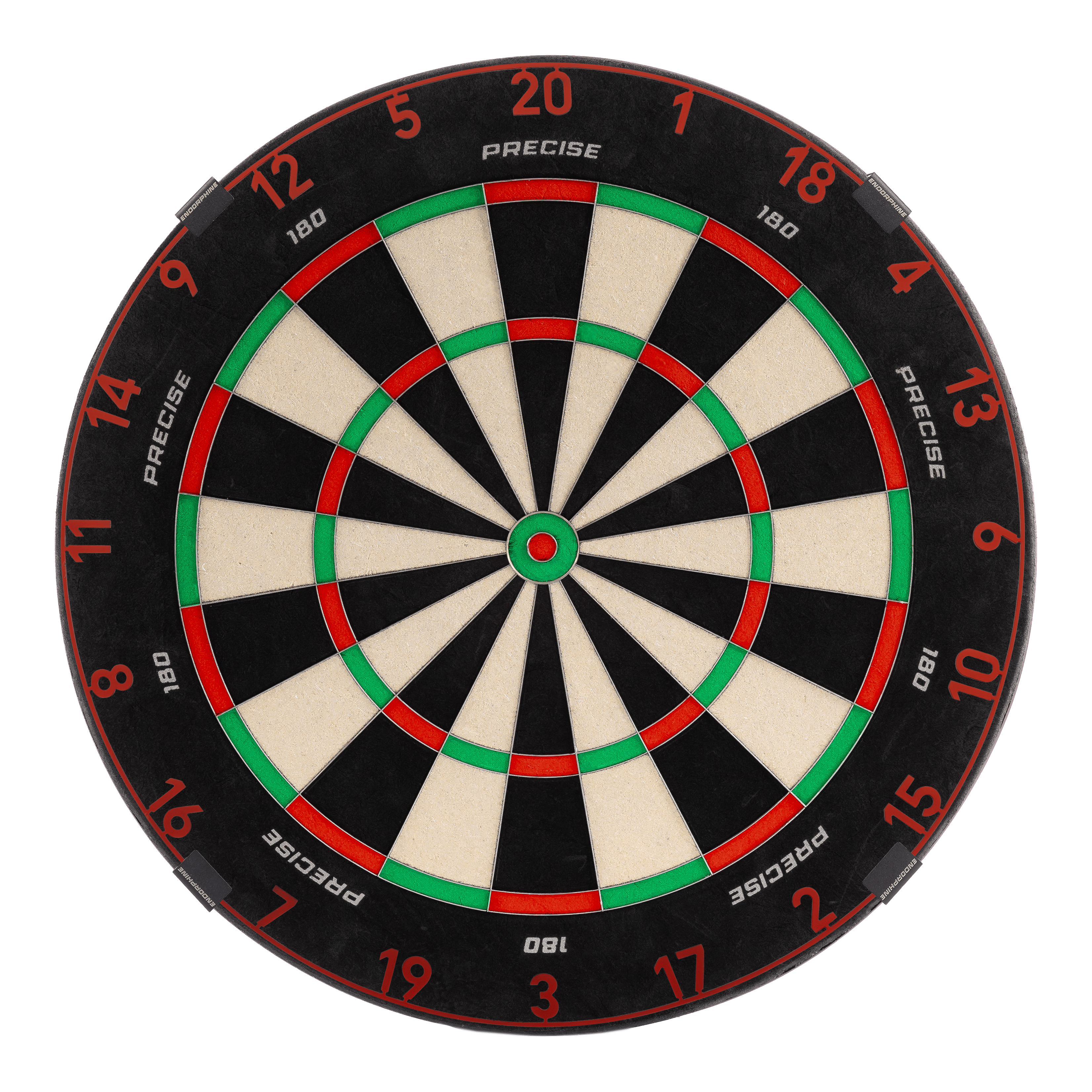 Das Bild zeigt das Precise 180 Endorphine Steeldartboard mit Nummernring in Faded Red. Es handelt sich um eine hochwertige Dartscheibe mit rotem Farbverlauf.