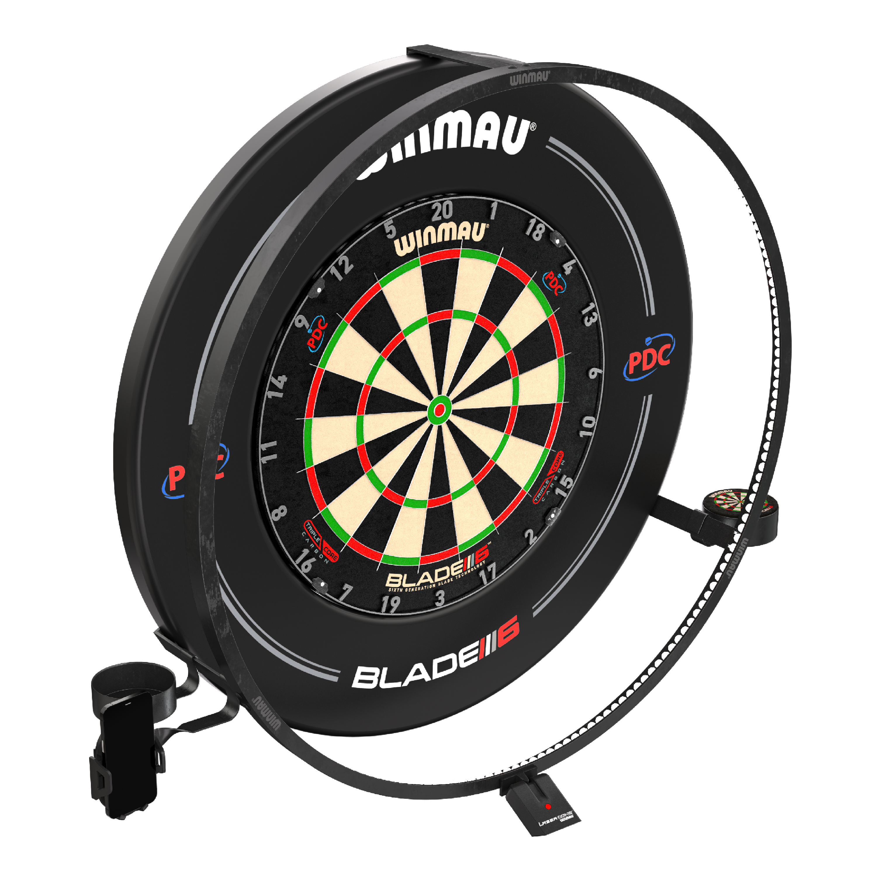 Winmau Plasma Accessory Set Das Bild zeigt das "Winmau Plasma Zubehör Set" für Dartscheiben. Es besteht aus einem beleuchteten LED-Ring und weiterem Zubehör rund um die Dartscheibe.