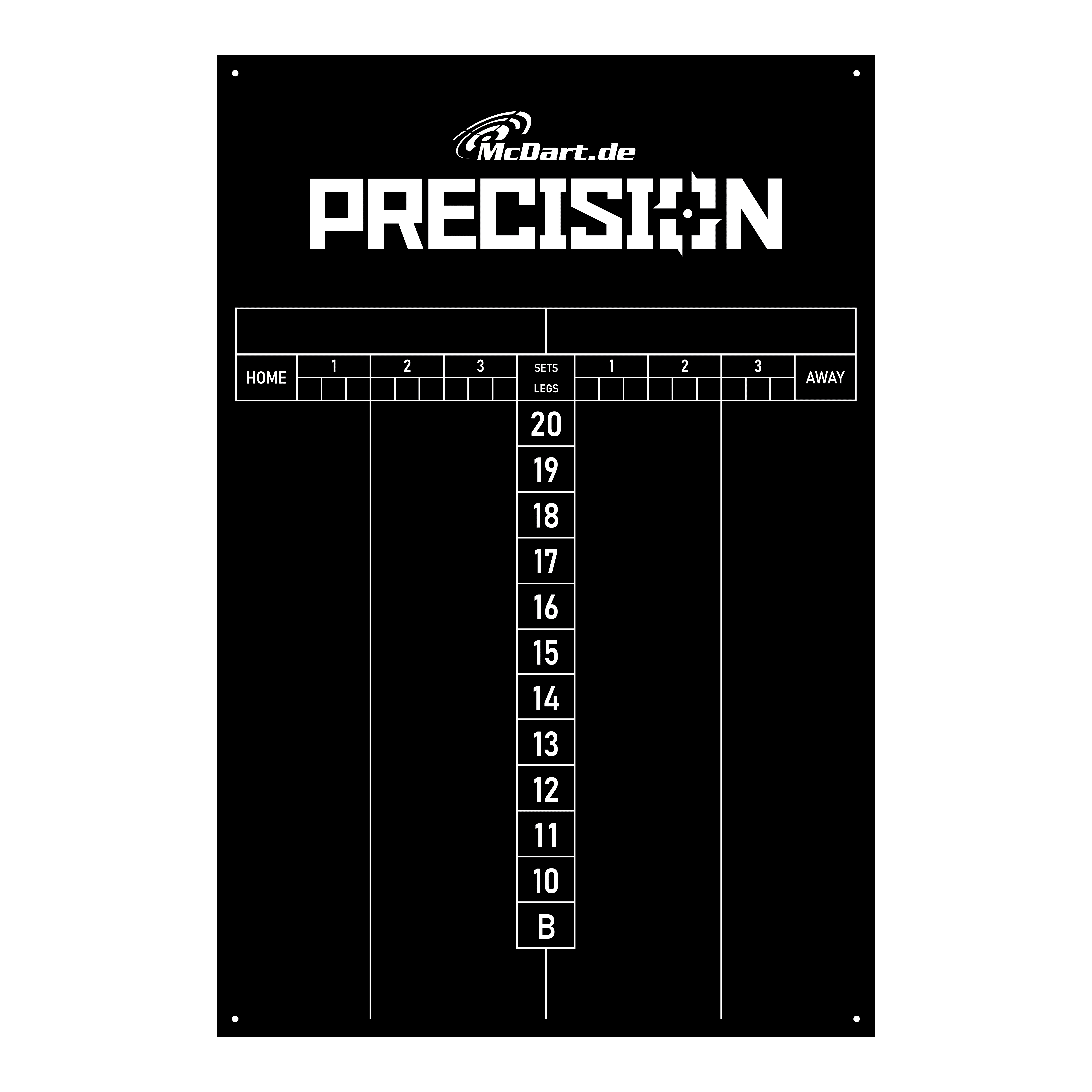 Das Bild zeigt das Produkt "McDart Precision Scoreboard 40 x 60 cm" auf schwarzem Hintergrund. Die Anzeigetafel ist für das Zählen von Sets und Legs beim Darts vorgesehen und zeigt die Punkte von 20 bis 10 sowie ein Feld für Bullseye.