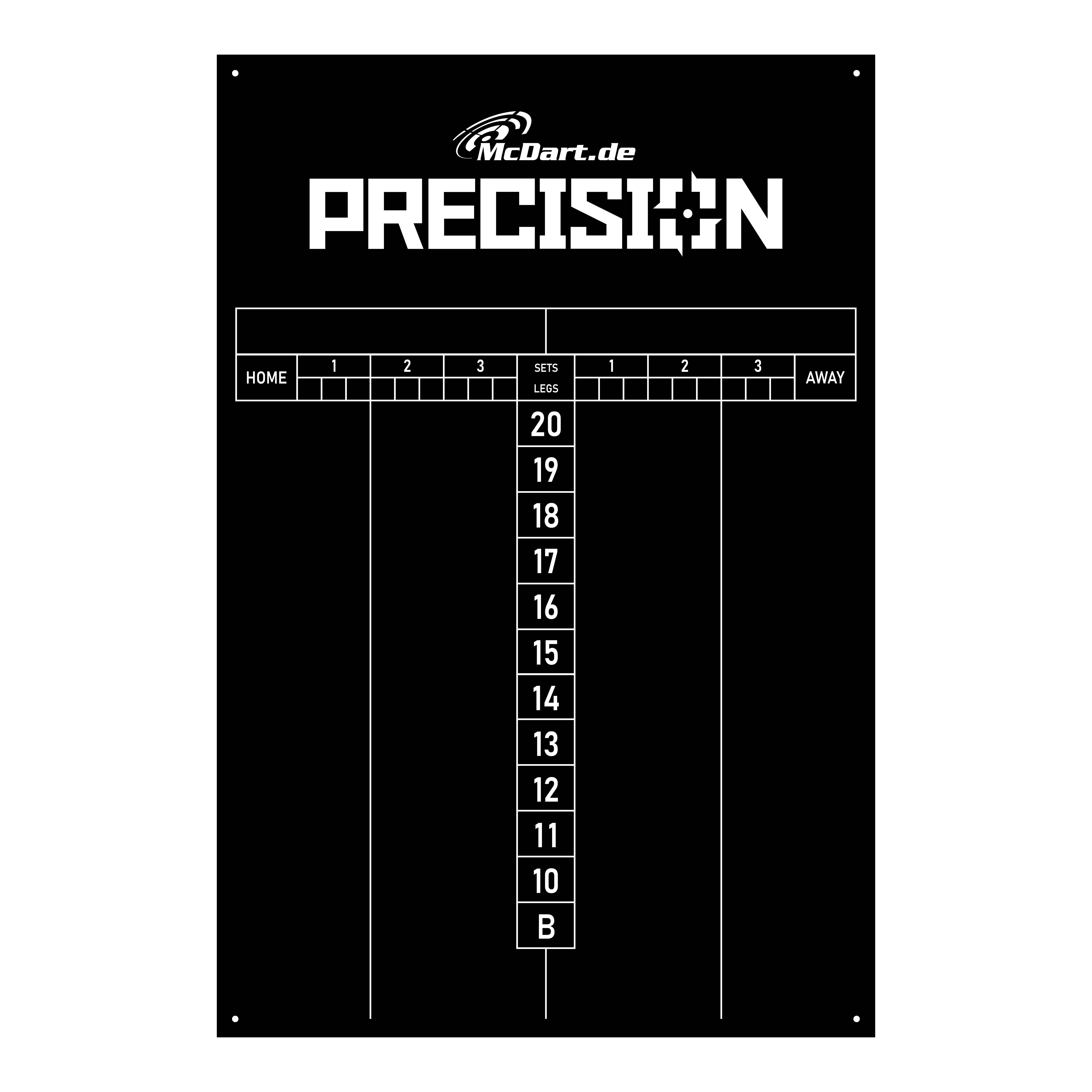 McDart Precision Scoreboard 40 x 60 cm Das Bild zeigt das Produkt "McDart Precision Scoreboard 40 x 60 cm" auf schwarzem Hintergrund. Die Anzeigetafel ist für das Zählen von Sets und Legs beim Darts vorgesehen und zeigt die Punkte von 20 bis 10 sowie ein Feld für Bullseye.