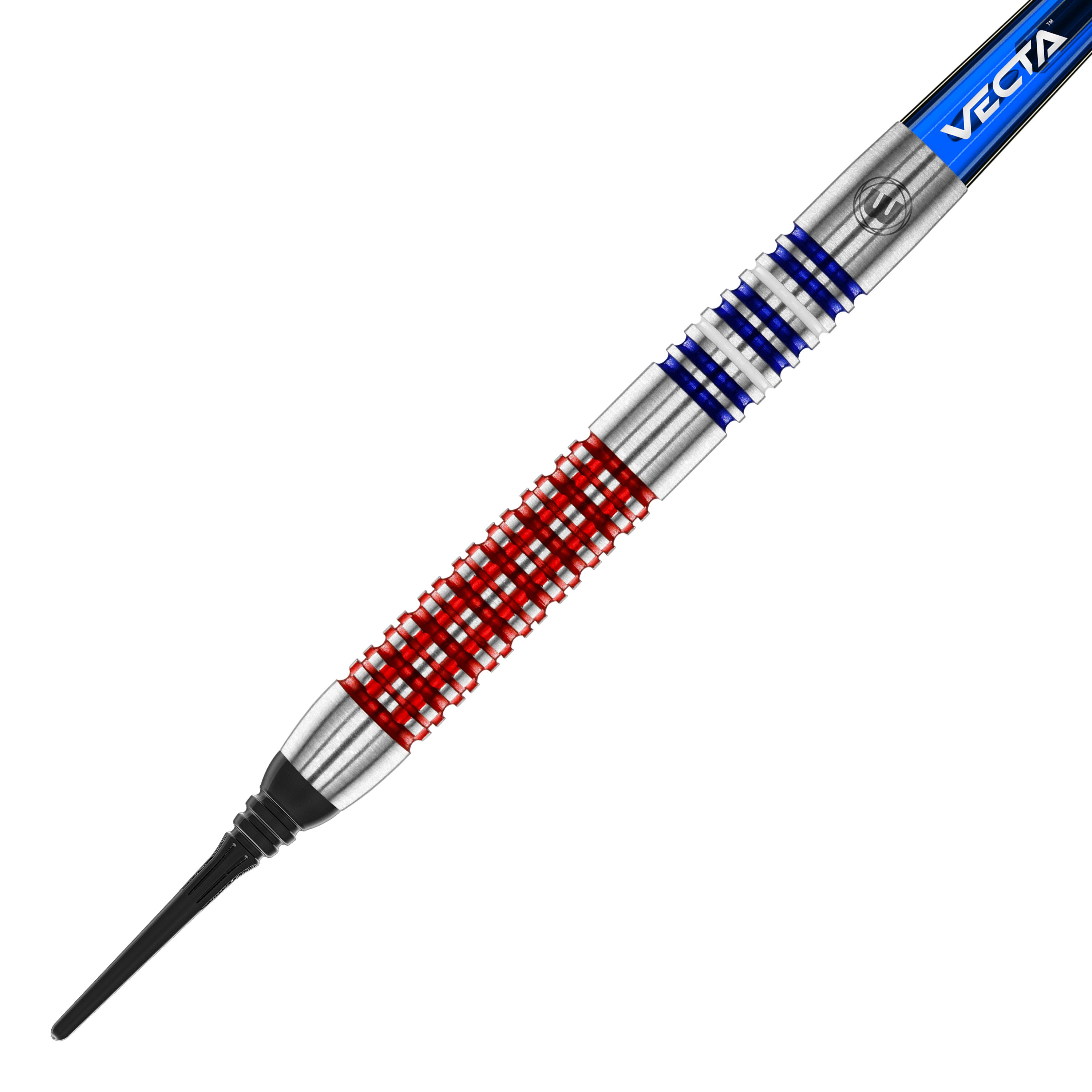 Winmau Garrett Rakowski soft darts - 20g Auf dem Bild ist ein Softdart des Modells "Winmau Garrett Rakowski Softdarts - 20g" zu sehen. Der Dart hat ein auffälliges Design mit roten und blauen Ringen auf dem silbernen Barrel.