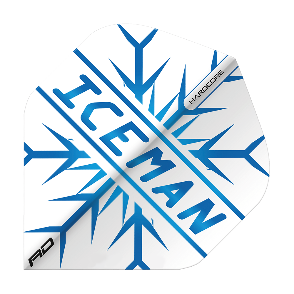 TF6421_RedDragon_Hardcore_Gerwyn_Price_Iceman_Standard_Flights_1V9AxeKvFNHw00 Das Bild zeigt ein Dartflight mit dem Aufdruck "ICEMAN" in blauer Schrift und einem Schneeflockenmuster. In der Ecke steht das Wort "HARDCORE" und das Red Dragon Logo ist ebenfalls zu sehen.